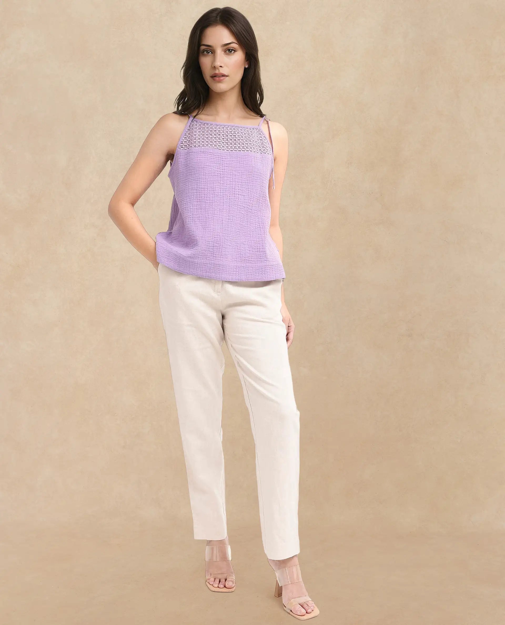 Rareism Women Jordyn-T Pastel Purple Cotton Fabric Sleeveless Shoulder Straps Tie Up Closure Plain Top