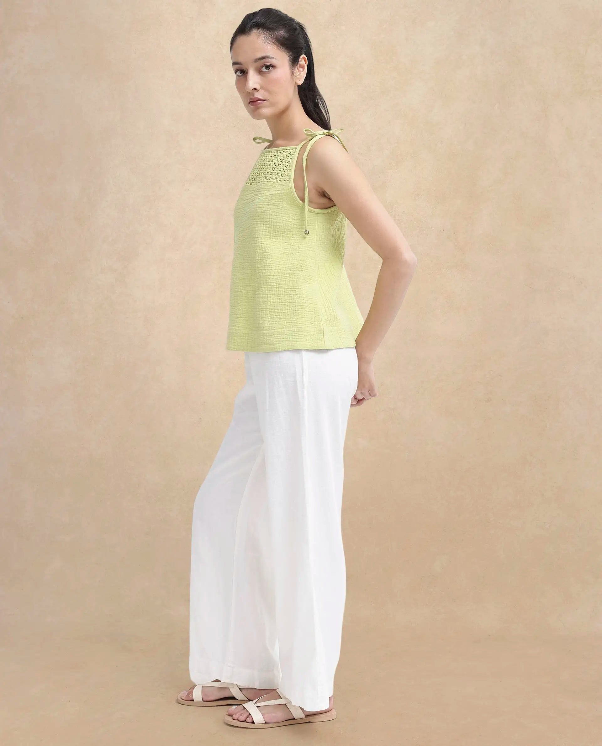 Rareism Women Jordyn-T Flouroscent Green Cotton Fabric Sleeveless Shoulder Straps Tie Up Closure Plain Top