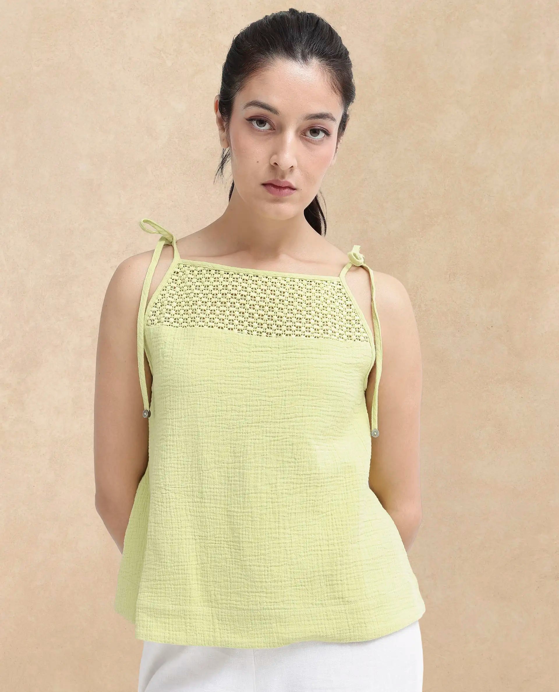 Rareism Women Jordyn-T Flouroscent Green Cotton Fabric Sleeveless Shoulder Straps Tie Up Closure Plain Top