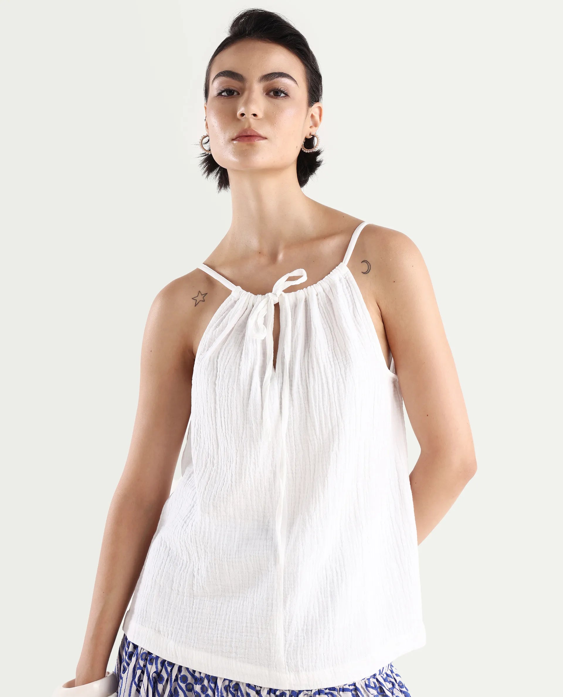 Rareism Women's Jordyn Pastel White Cotton Halter Neck Plain Shoulder Strap Regular Fit Top