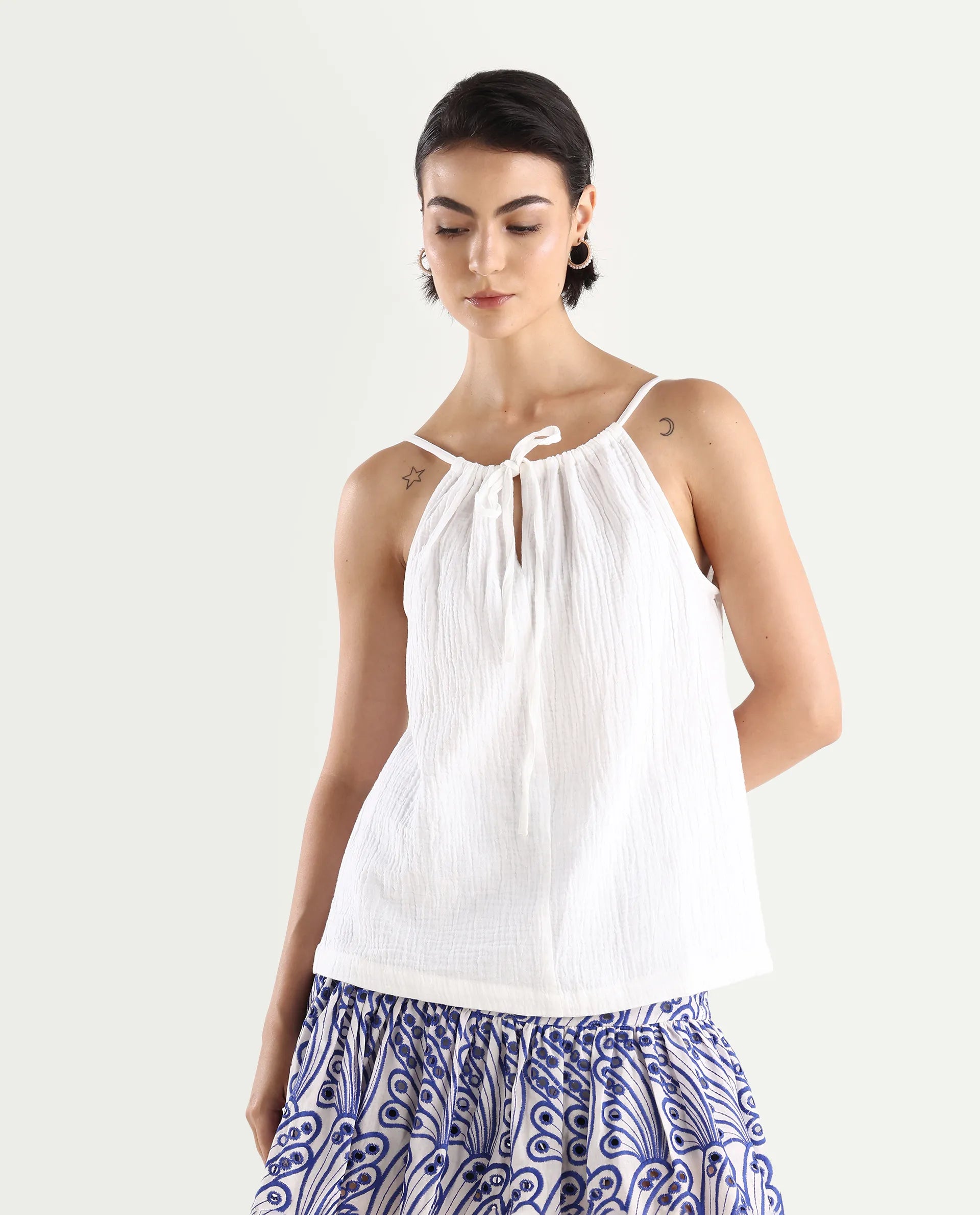 Rareism Women's Jordyn Pastel White Cotton Halter Neck Plain Shoulder Strap Regular Fit Top