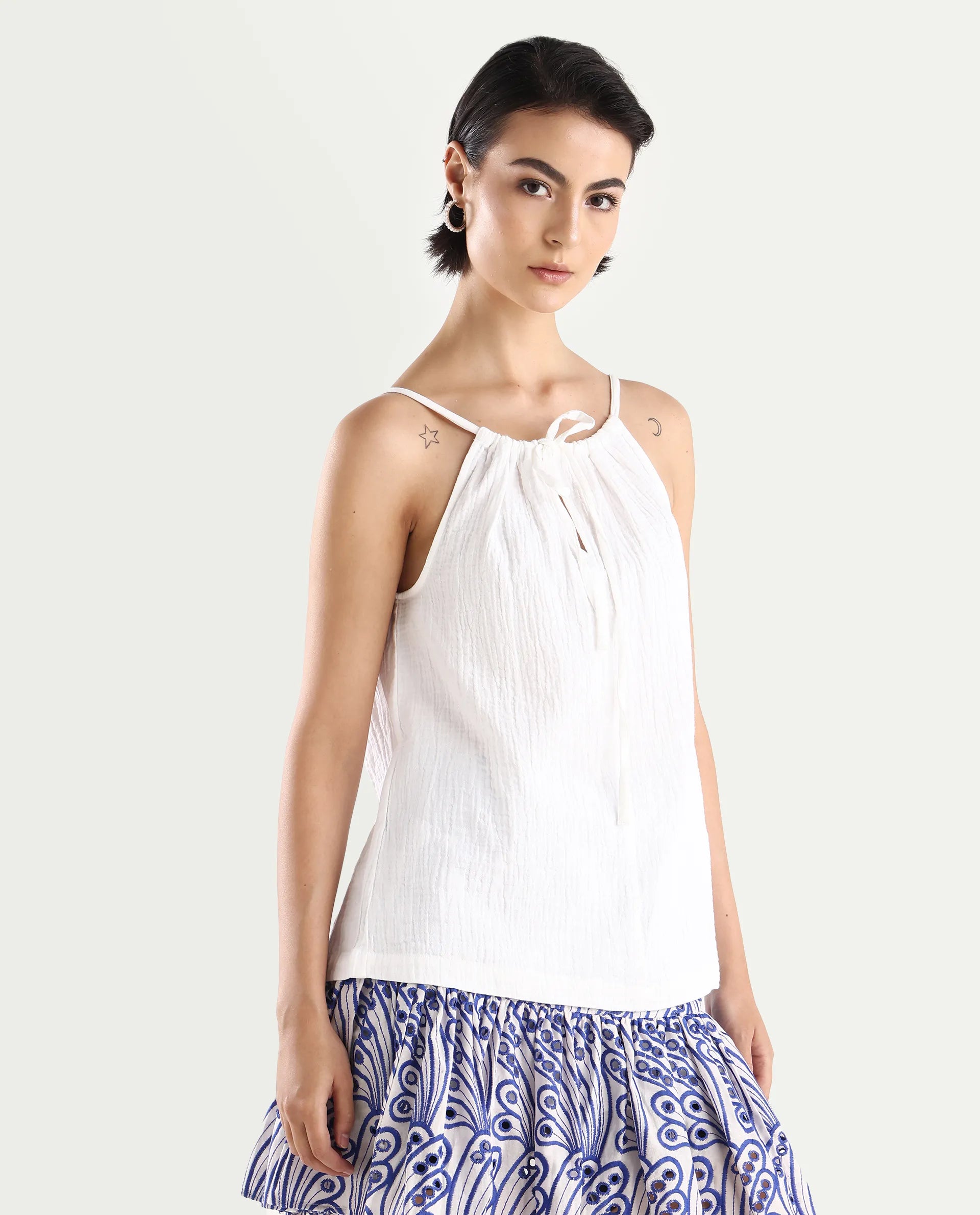 Rareism Women's Jordyn Pastel White Cotton Halter Neck Plain Shoulder Strap Regular Fit Top