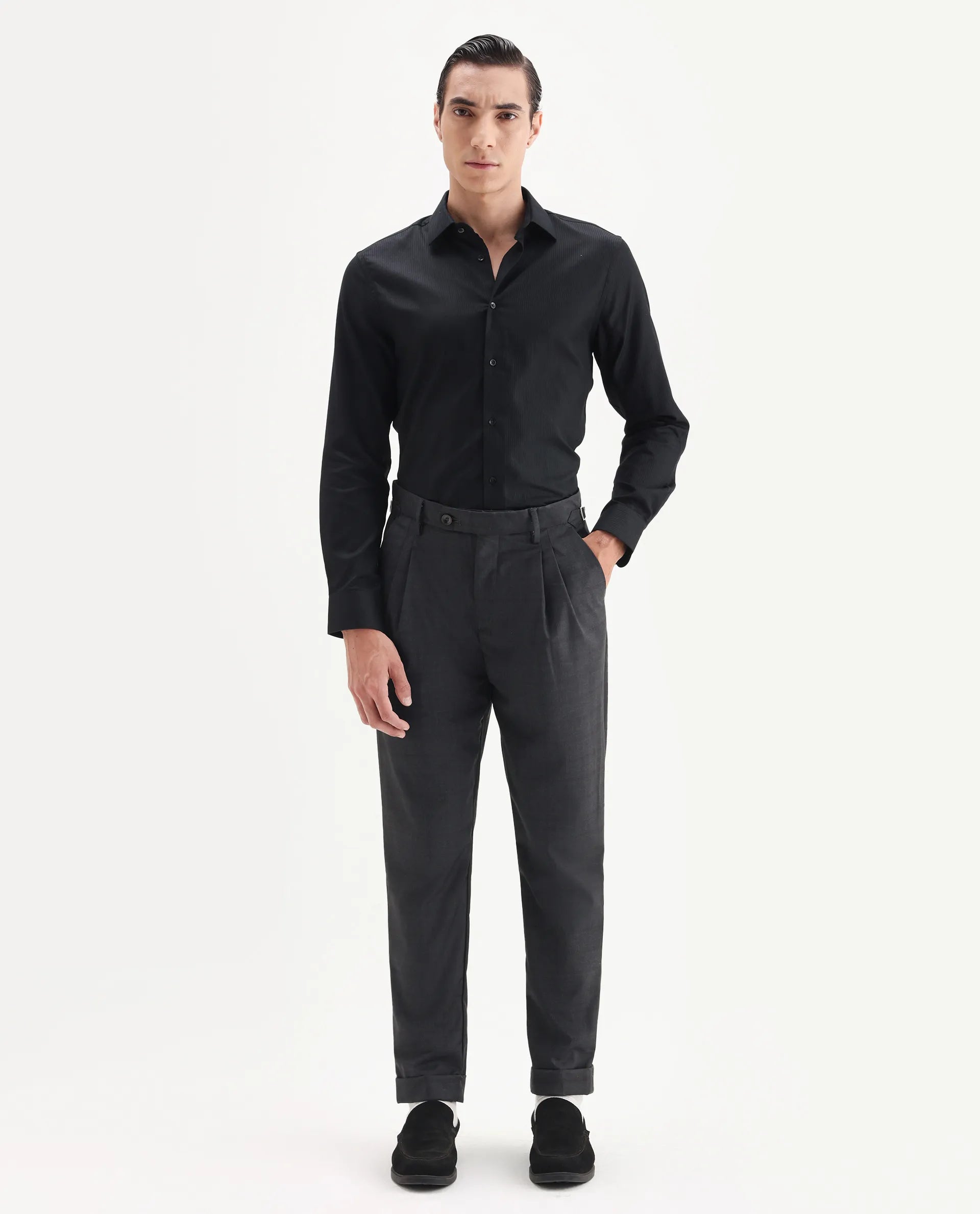 Rare Rabbit Men's Jorin Dark Grey Cotton Plain Relaxed Fit Trouser