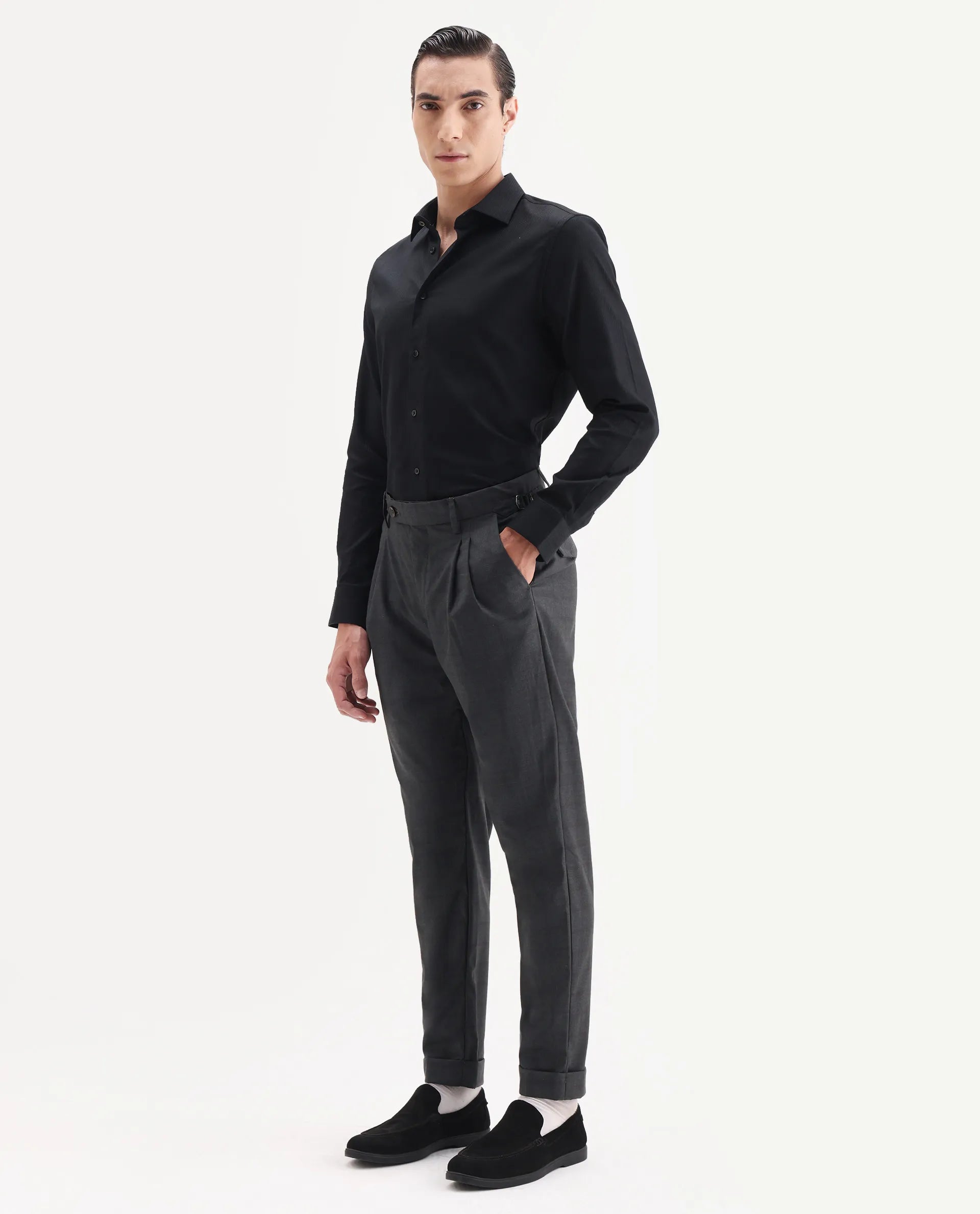 Rare Rabbit Men's Jorin Dark Grey Cotton Plain Relaxed Fit Trouser