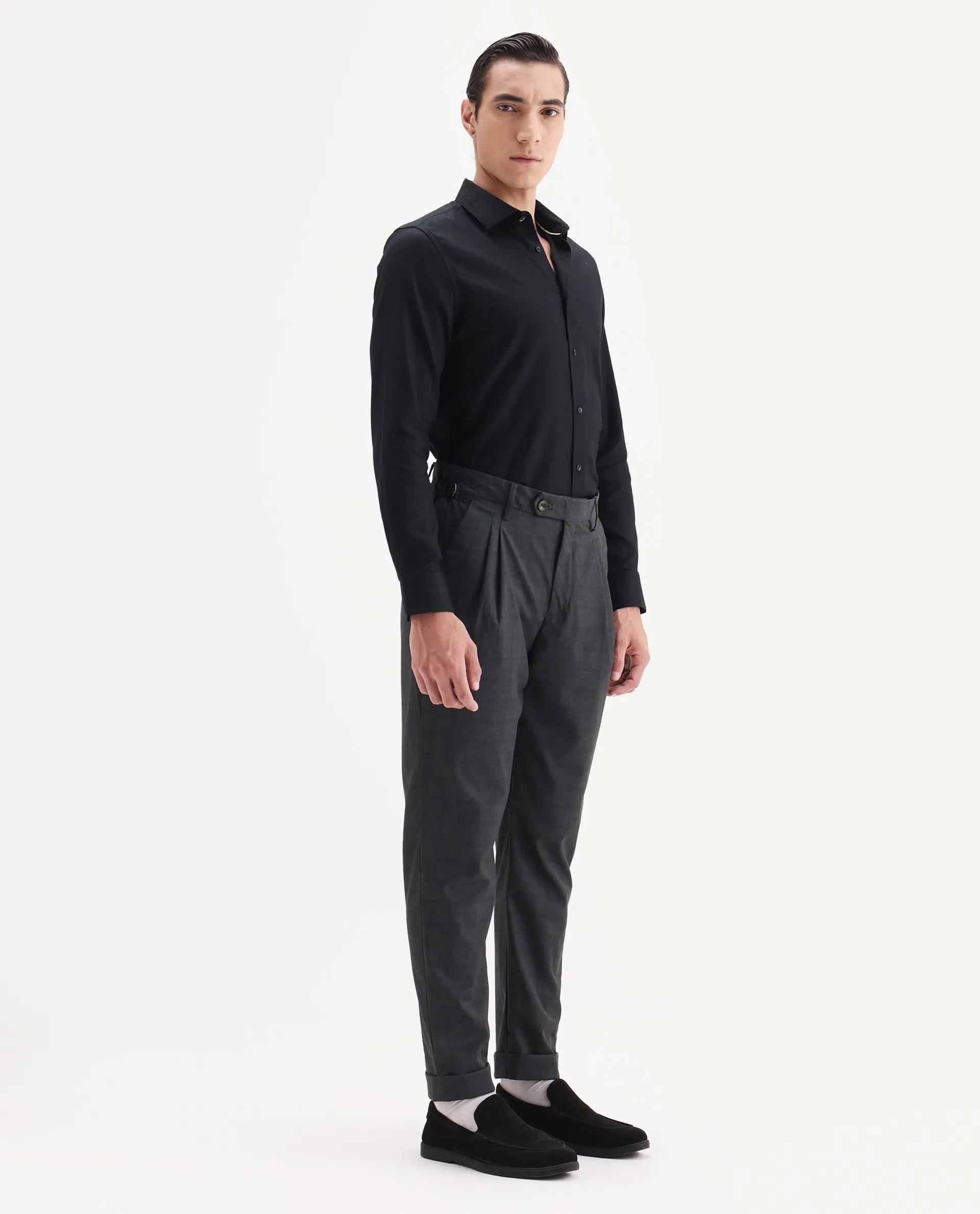 Rare Rabbit Men's Jorin Dark Grey Cotton Plain Relaxed Fit Trouser