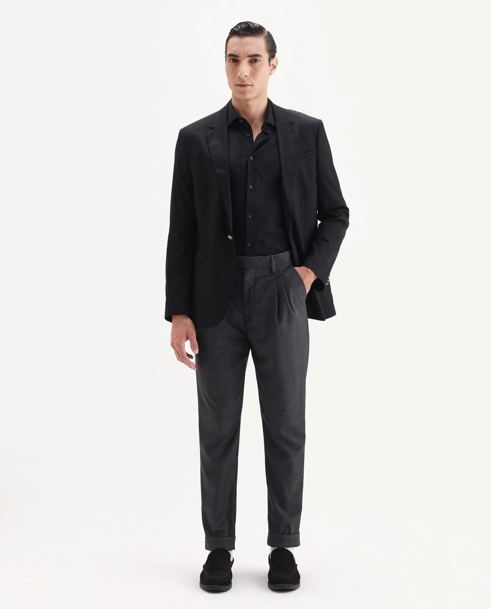 Rare Rabbit Men's Jorin Dark Grey Cotton Plain Relaxed Fit Trouser