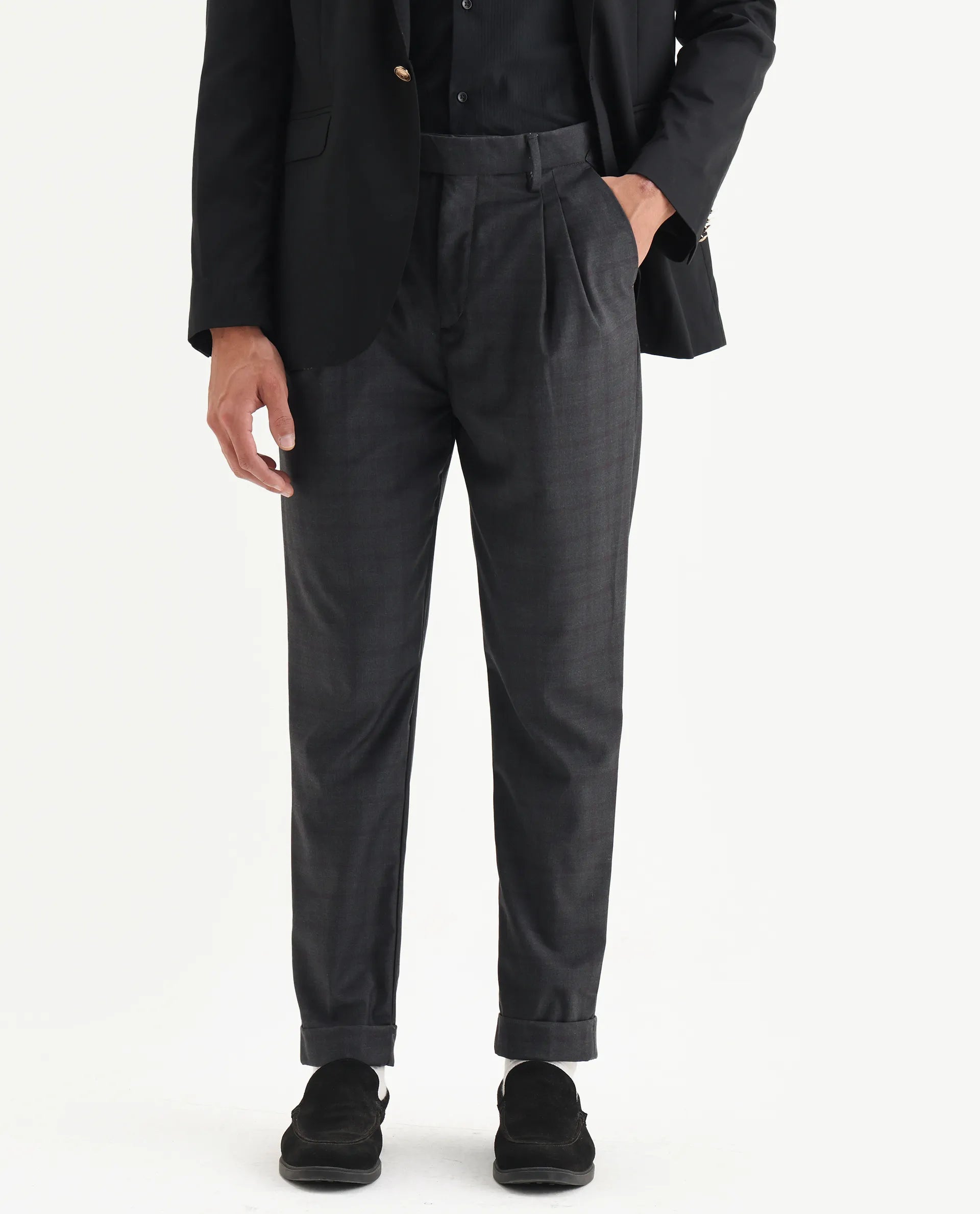 Rare Rabbit Men's Jorin Dark Grey Cotton Plain Relaxed Fit Trouser