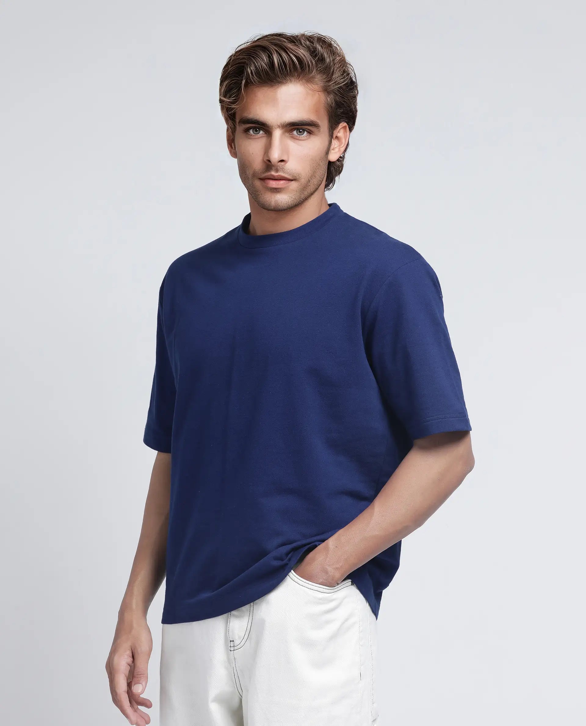 Rare Rabbit Men's Jot Blue Cotton Fabric Sleeveless Crew Neck Boxy Fit Printed T-Shirt