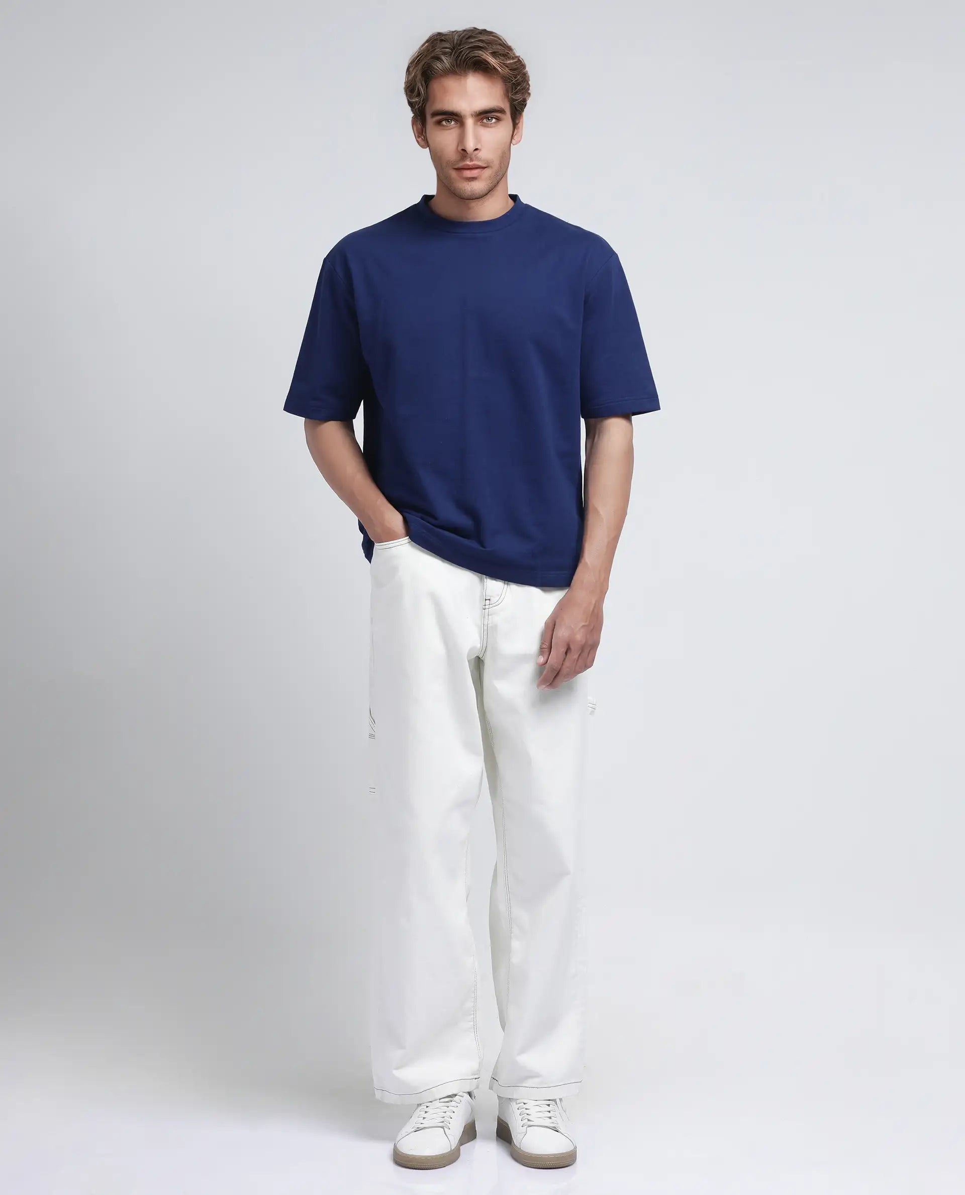 Rare Rabbit Men's Jot Blue Cotton Fabric Sleeveless Crew Neck Boxy Fit Printed T-Shirt