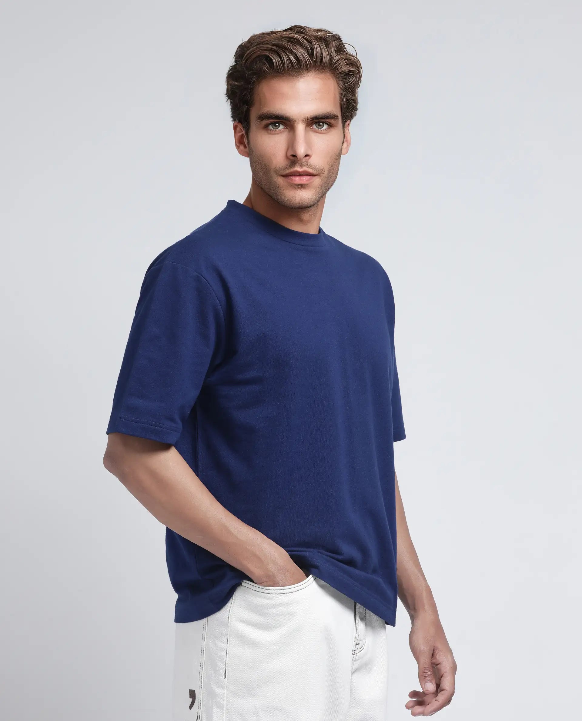 Rare Rabbit Men's Jot Blue Cotton Fabric Sleeveless Crew Neck Boxy Fit Printed T-Shirt