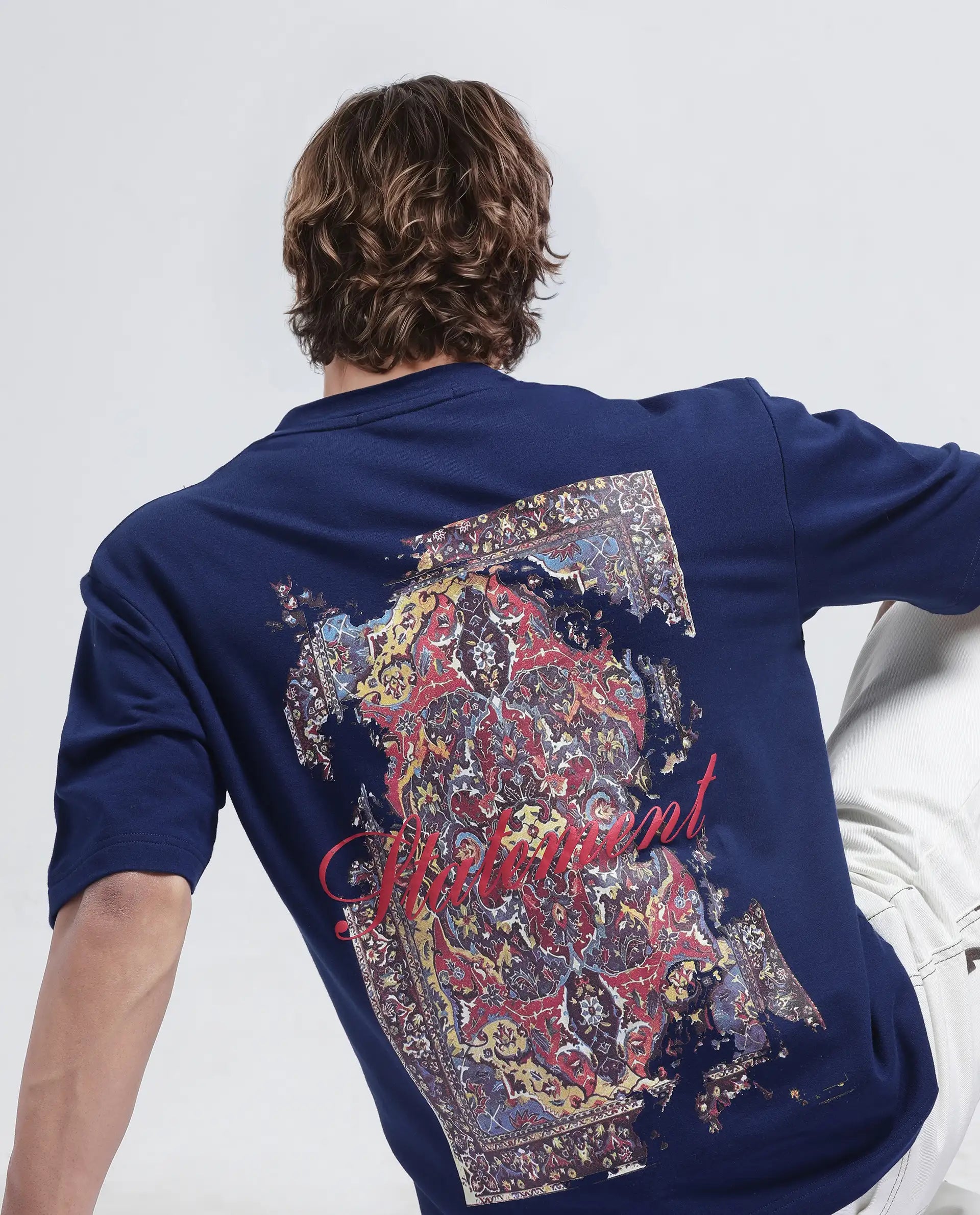 Rare Rabbit Men's Jot Blue Cotton Fabric Sleeveless Crew Neck Boxy Fit Printed T-Shirt