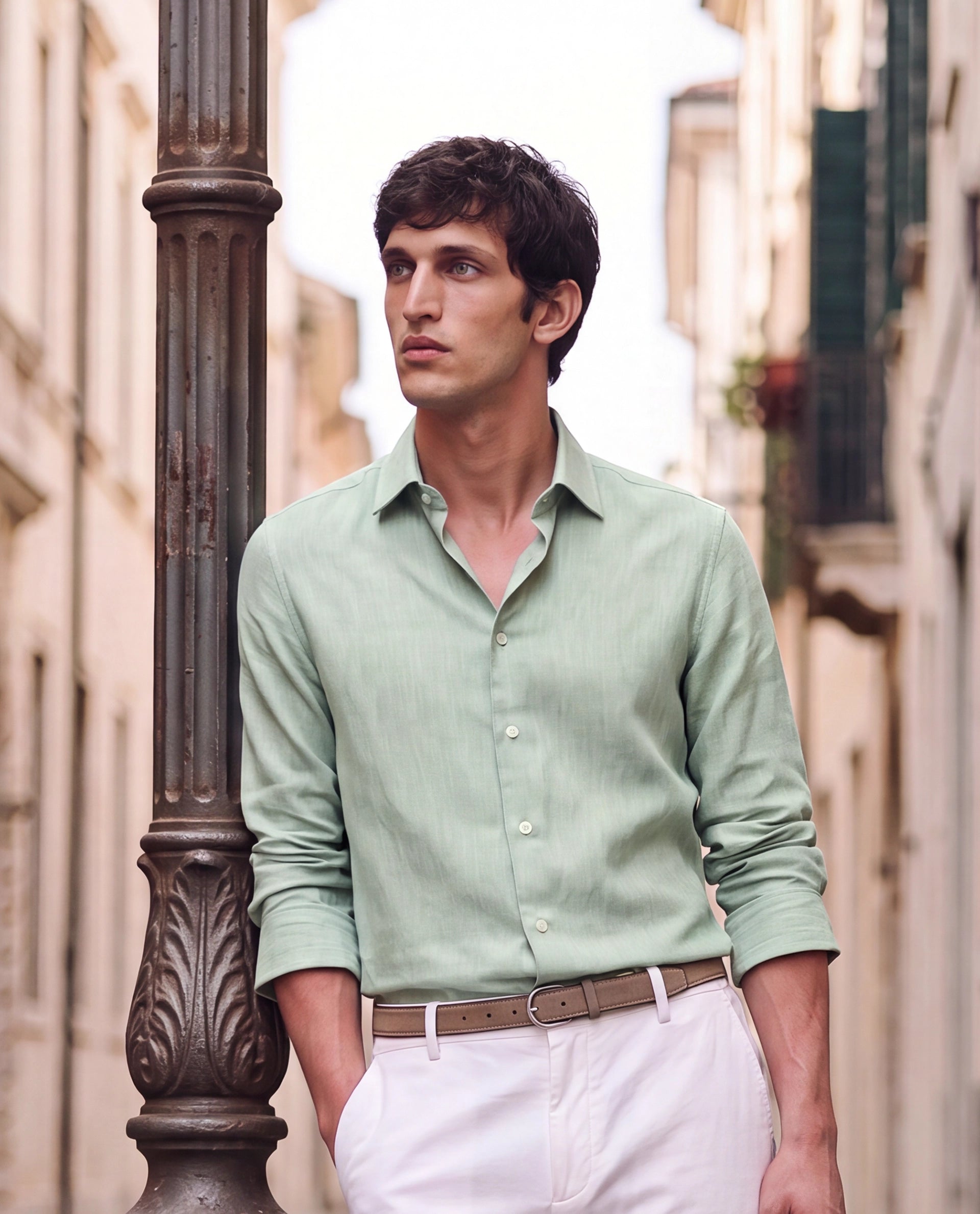 Rare Rabbit Men's Jovi Dusky Green Cotton Blend Fabric Full Sleeve Spread Collar Button Regular Plain Shirt