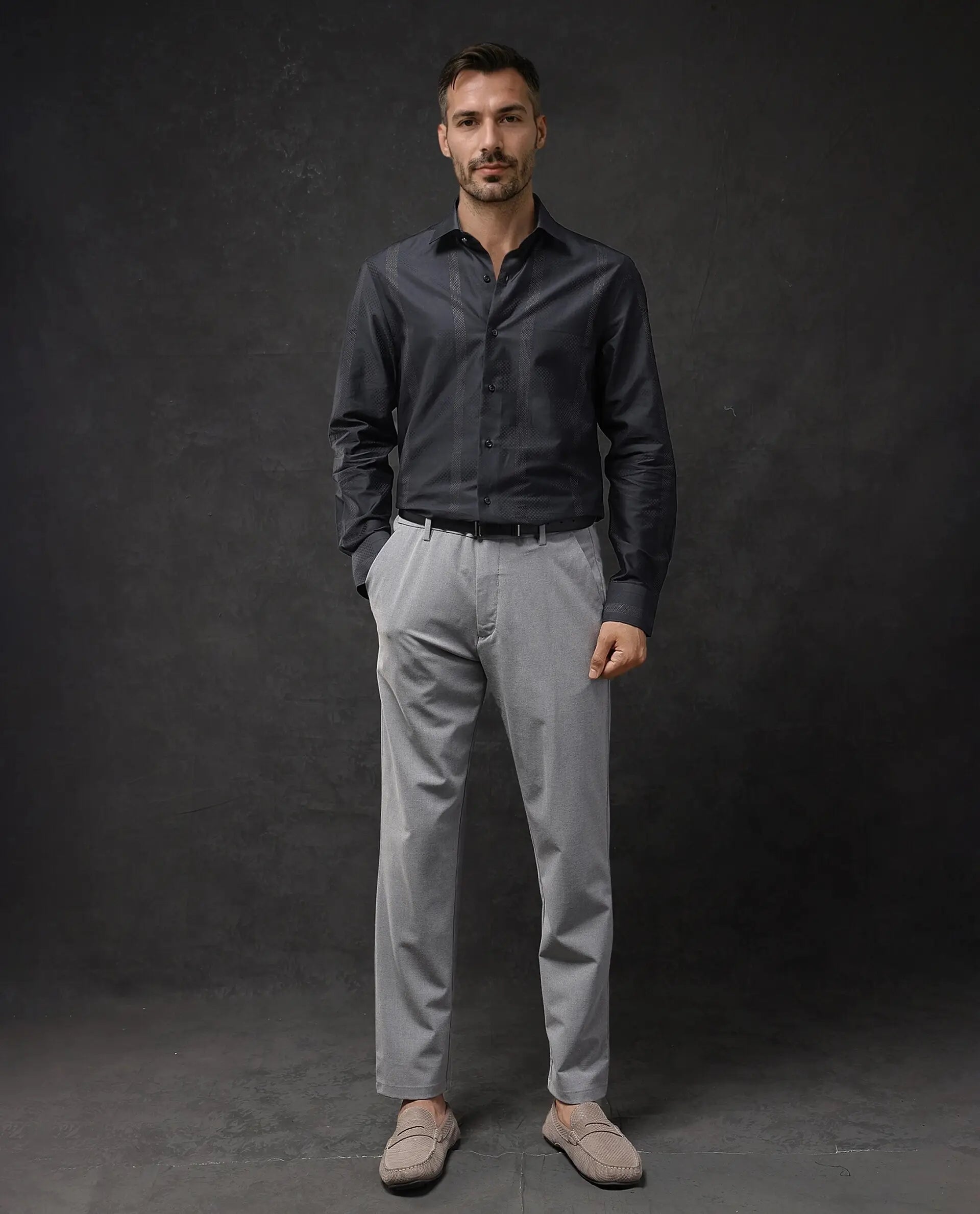 Rare Rabbit Men Juan Black Cotton Full Sleeve Regular Fit Lurex Stripe Shirt