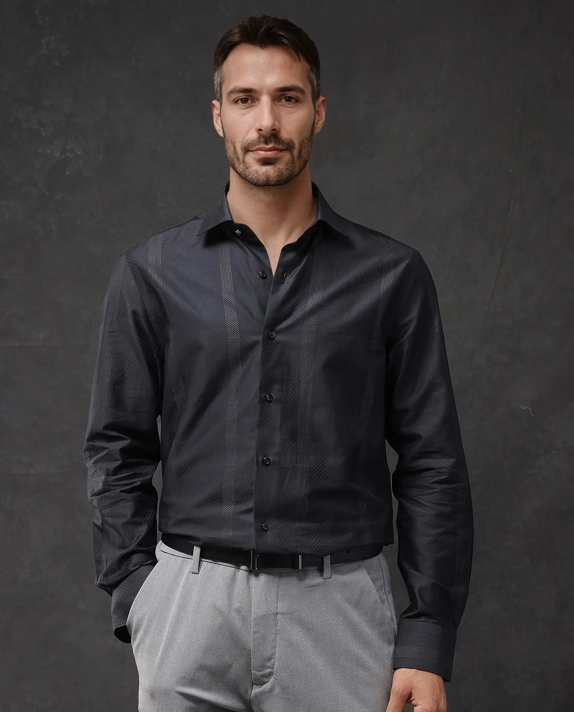 Rare Rabbit Men Juan Black Cotton Full Sleeve Regular Fit Lurex Stripe Shirt