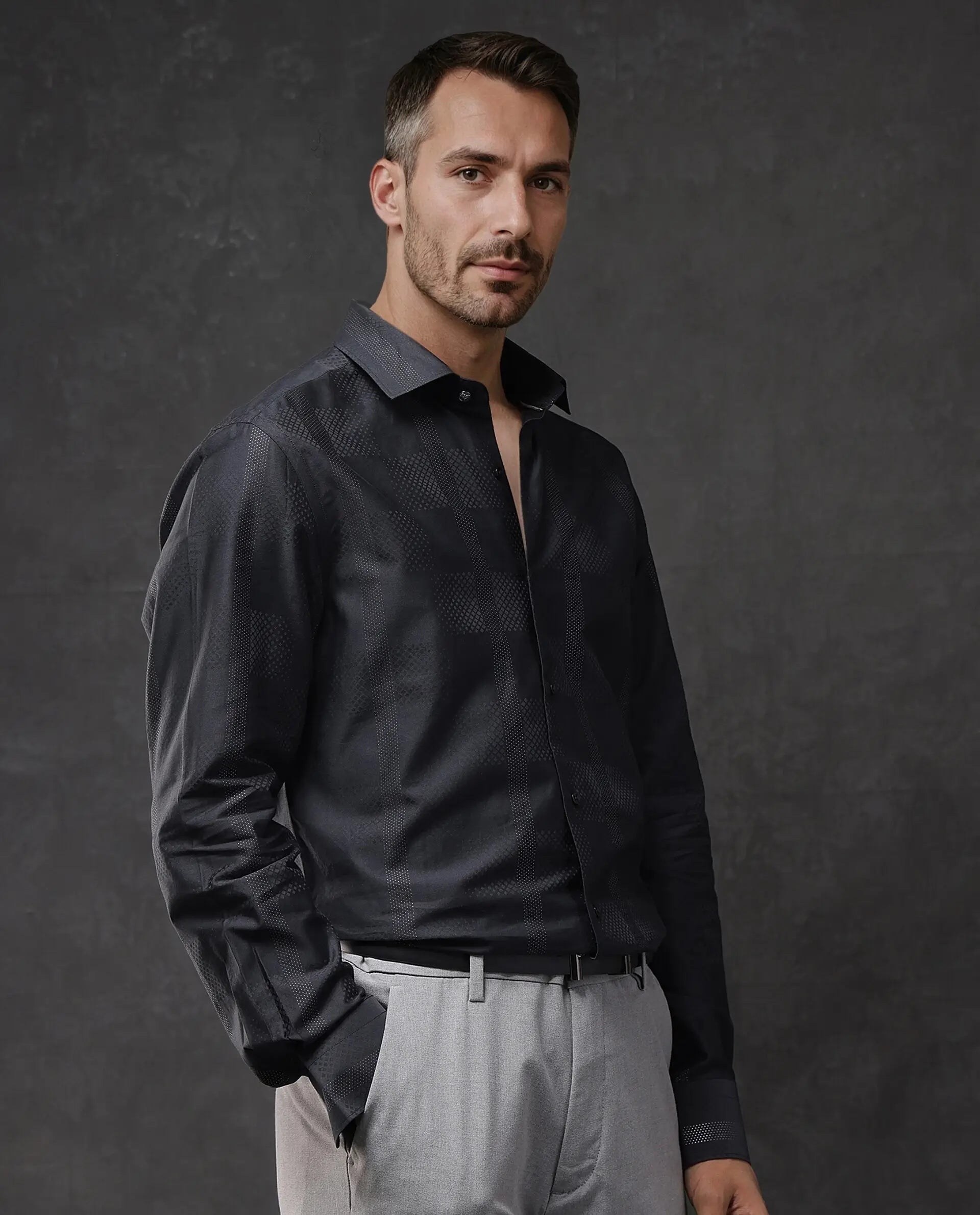 Rare Rabbit Men Juan Black Cotton Full Sleeve Regular Fit Lurex Stripe Shirt