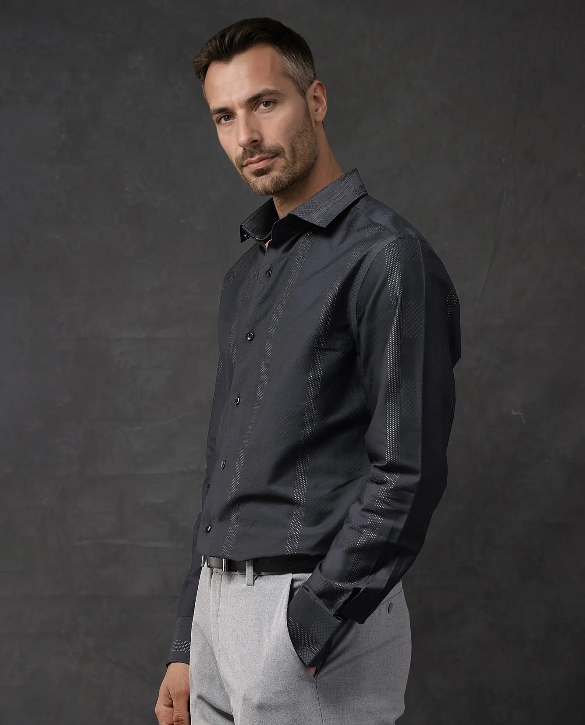 Rare Rabbit Men Juan Black Cotton Full Sleeve Regular Fit Lurex Stripe Shirt