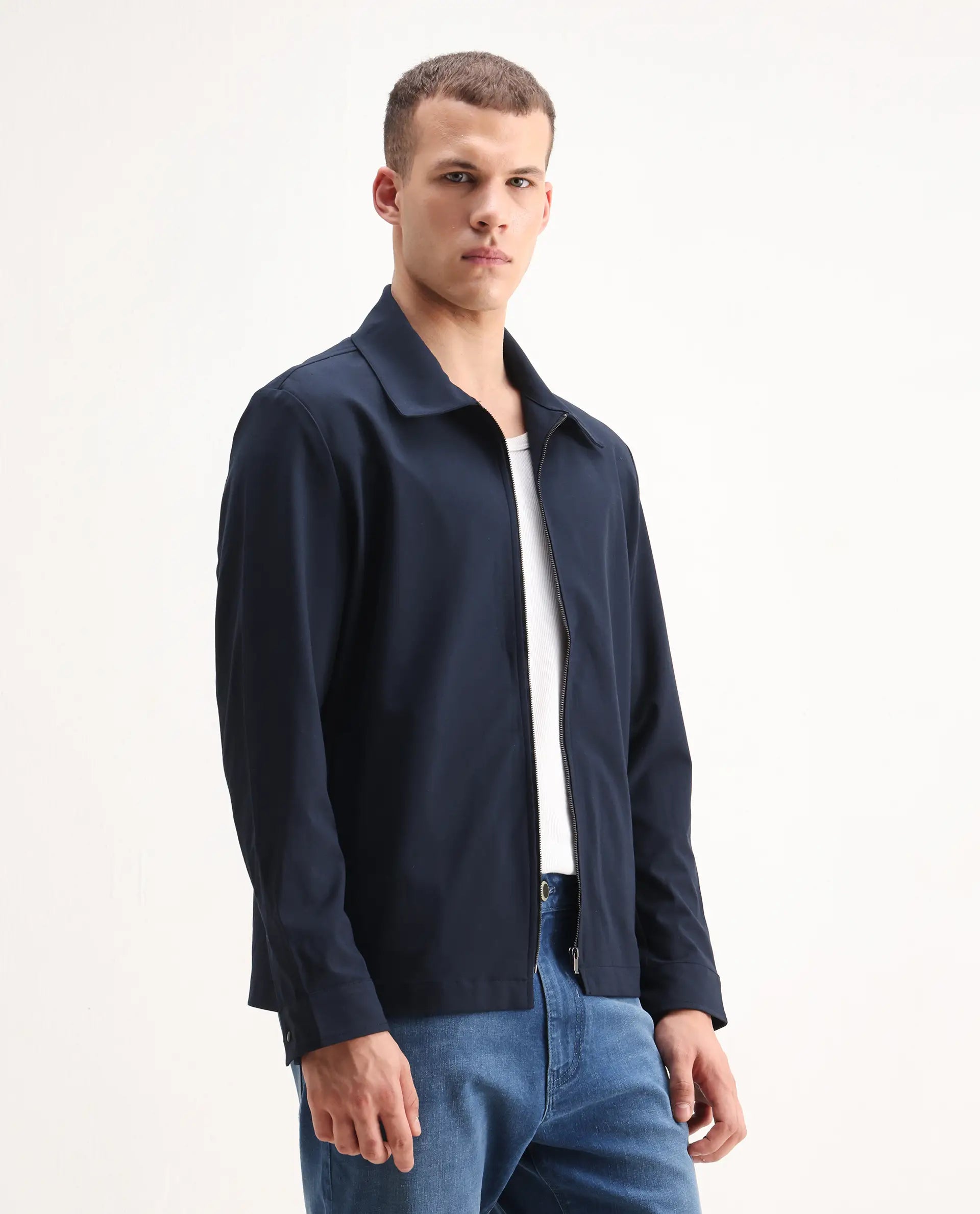 Rare Rabbit Men's Juan-25 Dark Navy Polyester Blend Plain Regular Fit Full Sleeve Collared Jacket