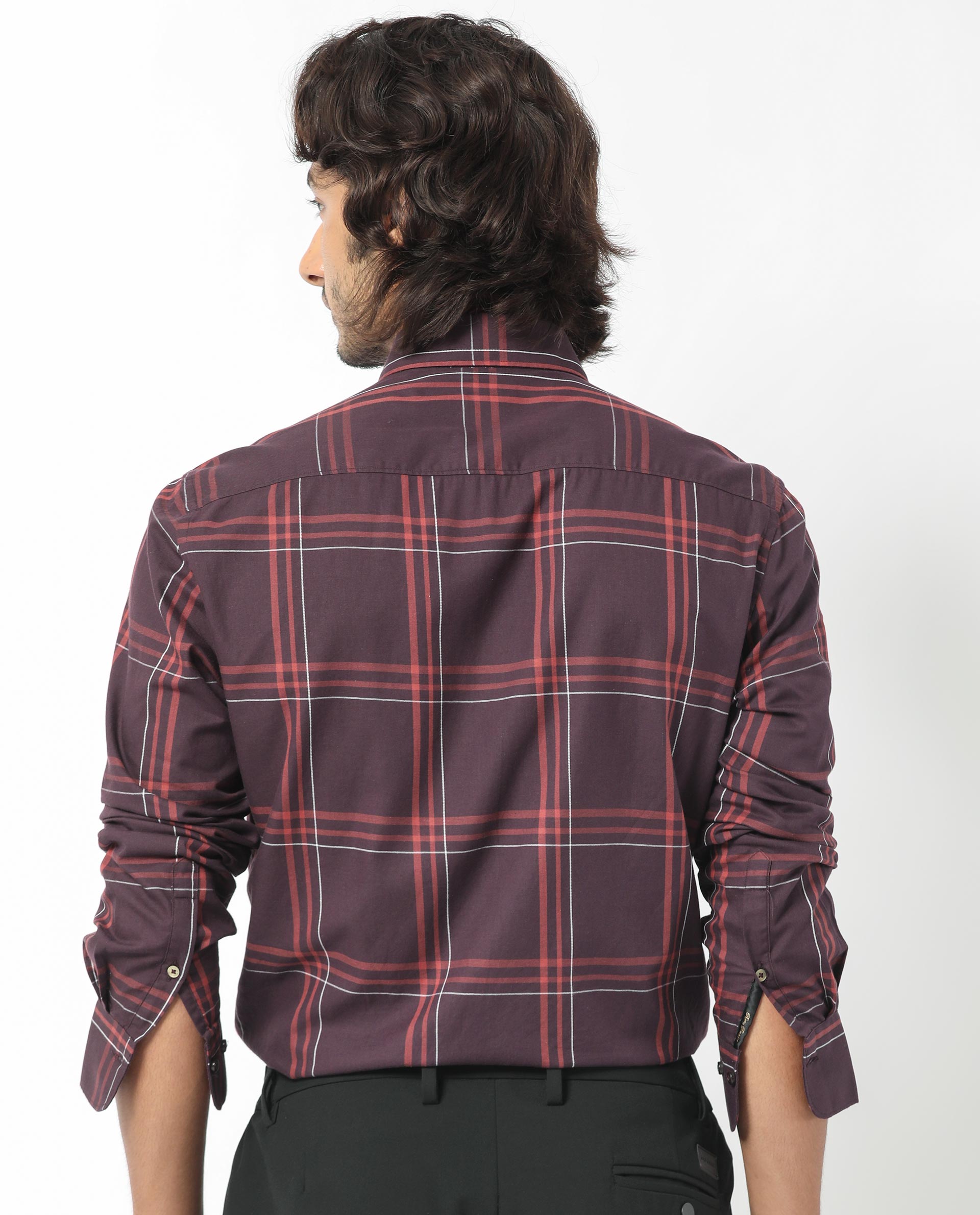 Rare Rabbit Men's Juba Dark Maroon Cotton Fabric Full Sleeves Checks Shirt