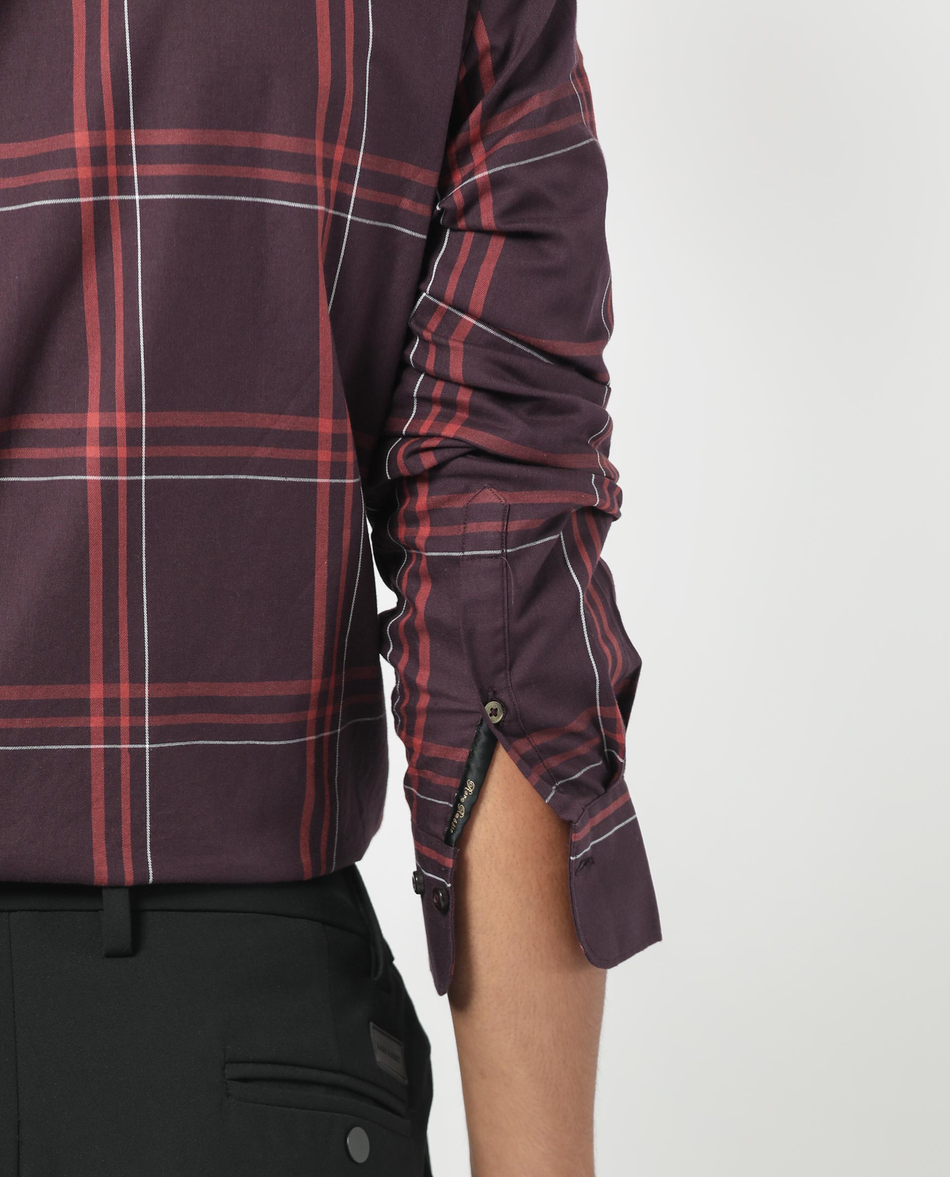 Rare Rabbit Men's Juba Dark Maroon Cotton Fabric Full Sleeves Checks Shirt