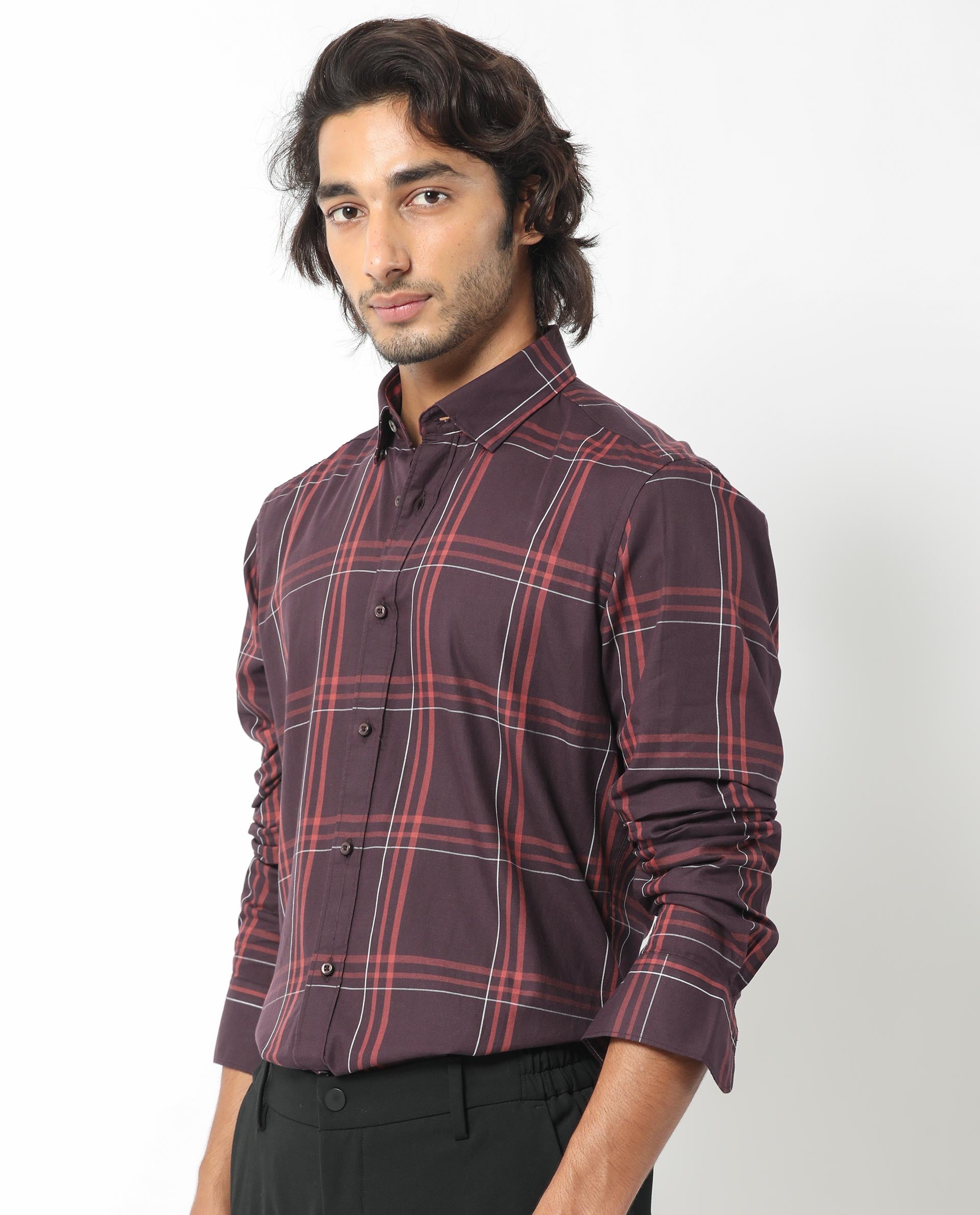 Rare Rabbit Men's Juba Dark Maroon Cotton Fabric Full Sleeves Checks Shirt