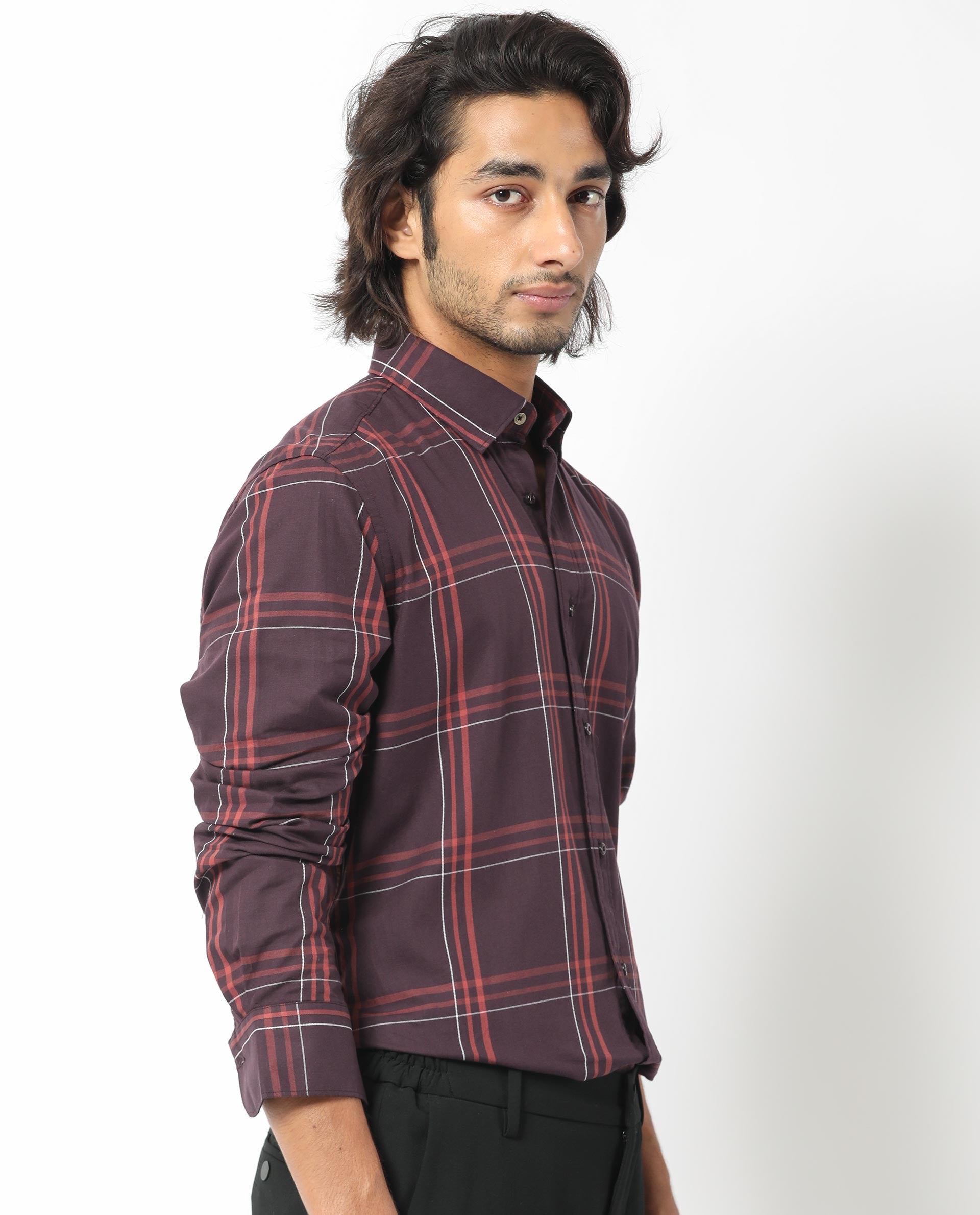 Rare Rabbit Men's Juba Dark Maroon Cotton Fabric Full Sleeves Checks Shirt