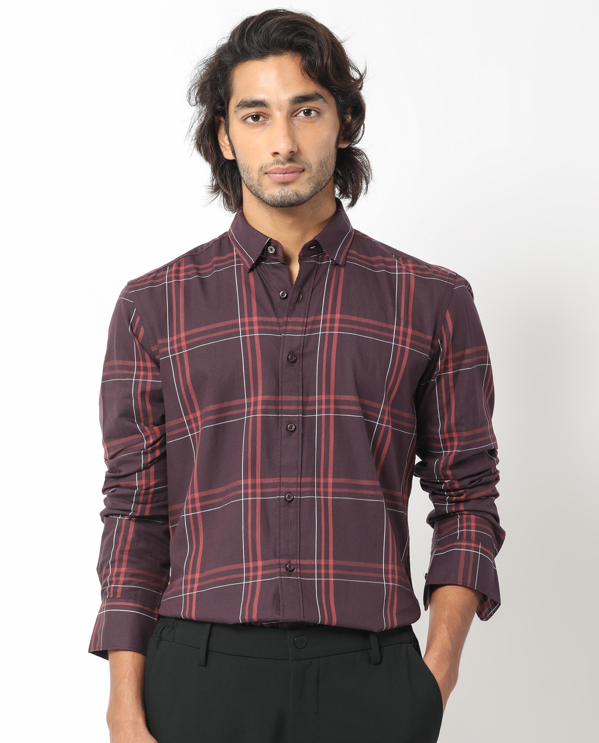 Rare Rabbit Men's Juba Dark Maroon Cotton Fabric Full Sleeves Checks Shirt