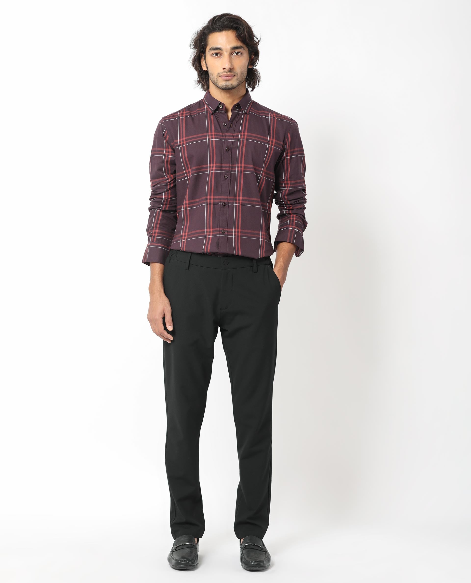 Rare Rabbit Men's Juba Dark Maroon Cotton Fabric Full Sleeves Checks Shirt