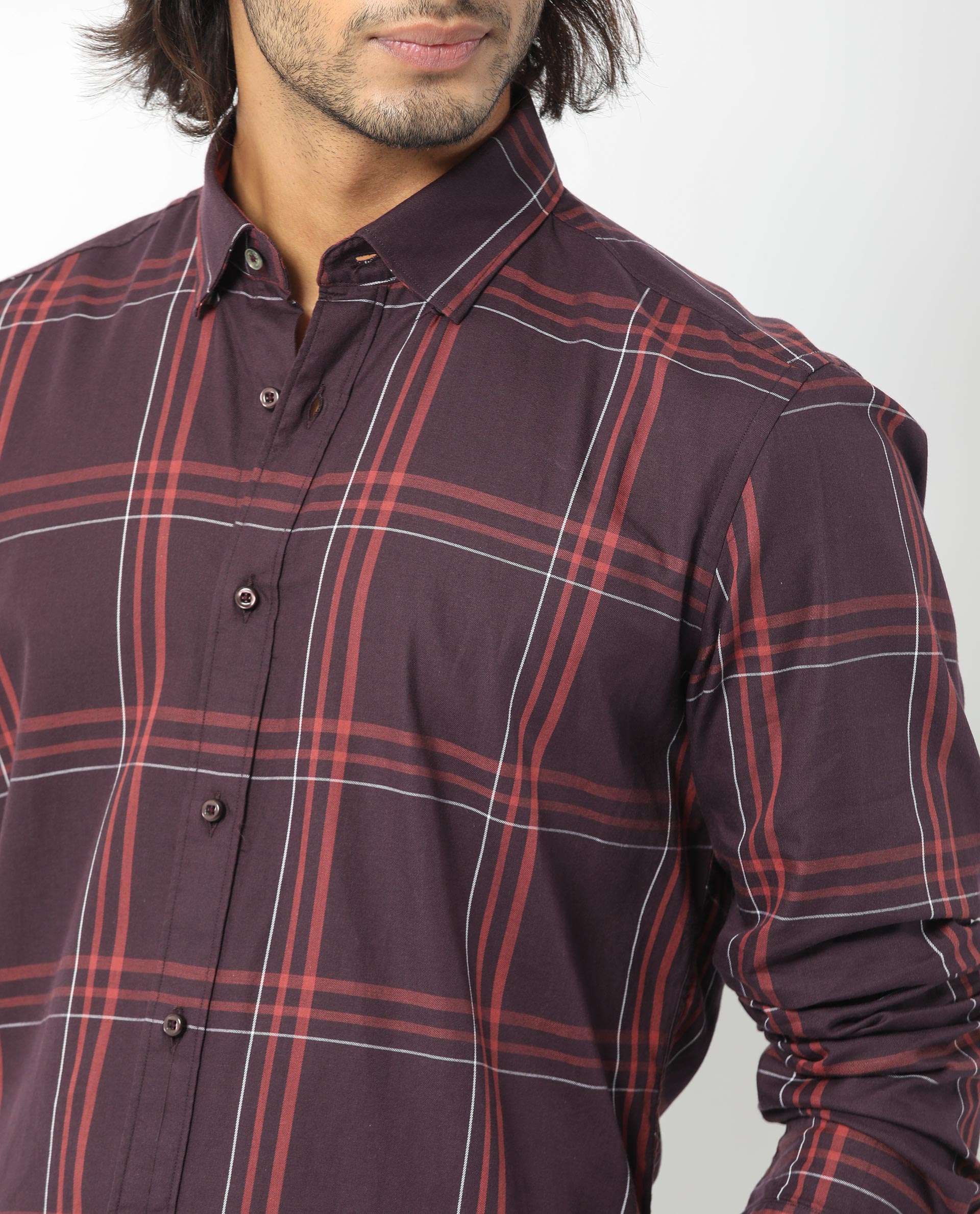 Rare Rabbit Men's Juba Dark Maroon Cotton Fabric Full Sleeves Checks Shirt