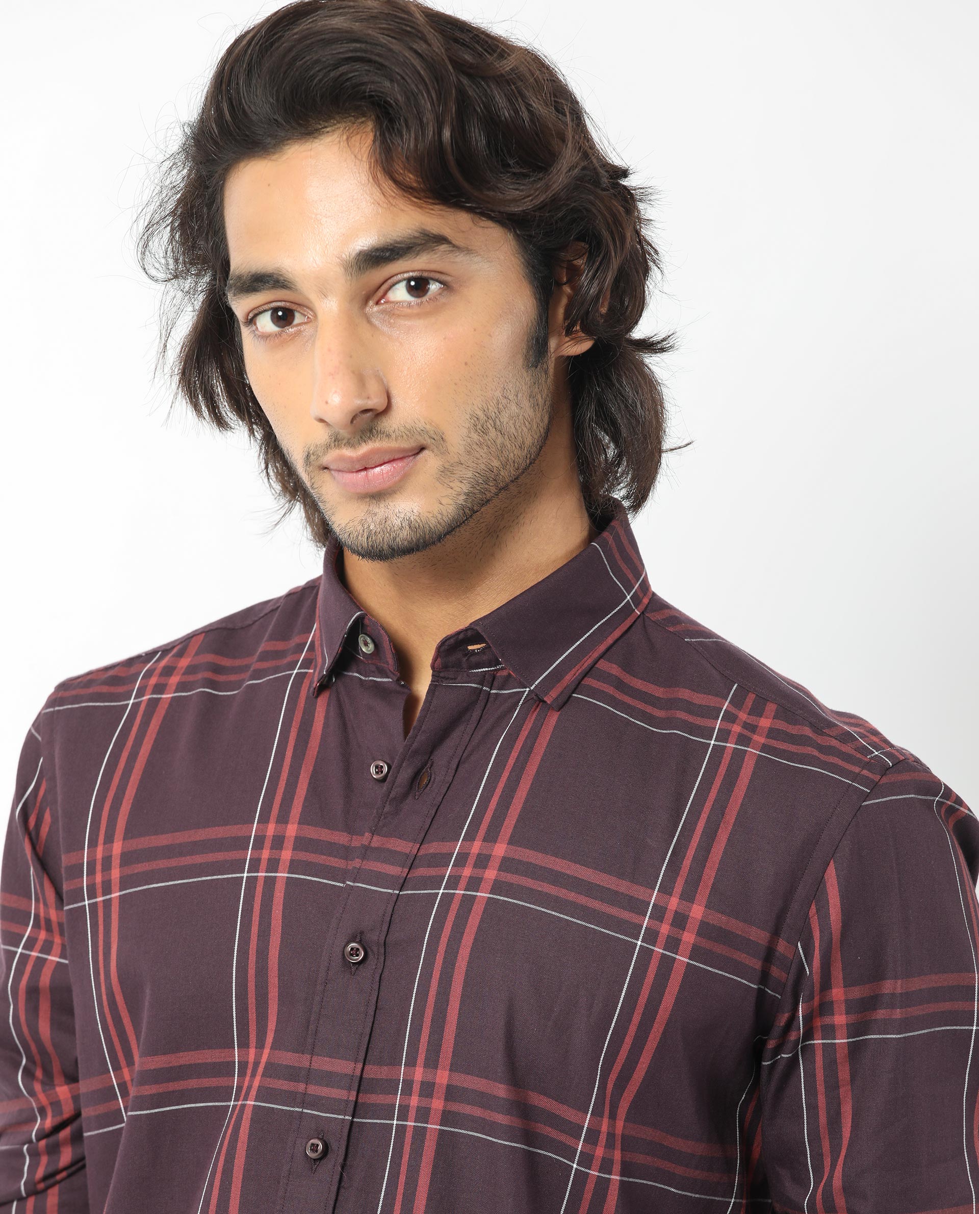 Rare Rabbit Men's Juba Dark Maroon Cotton Fabric Full Sleeves Checks Shirt