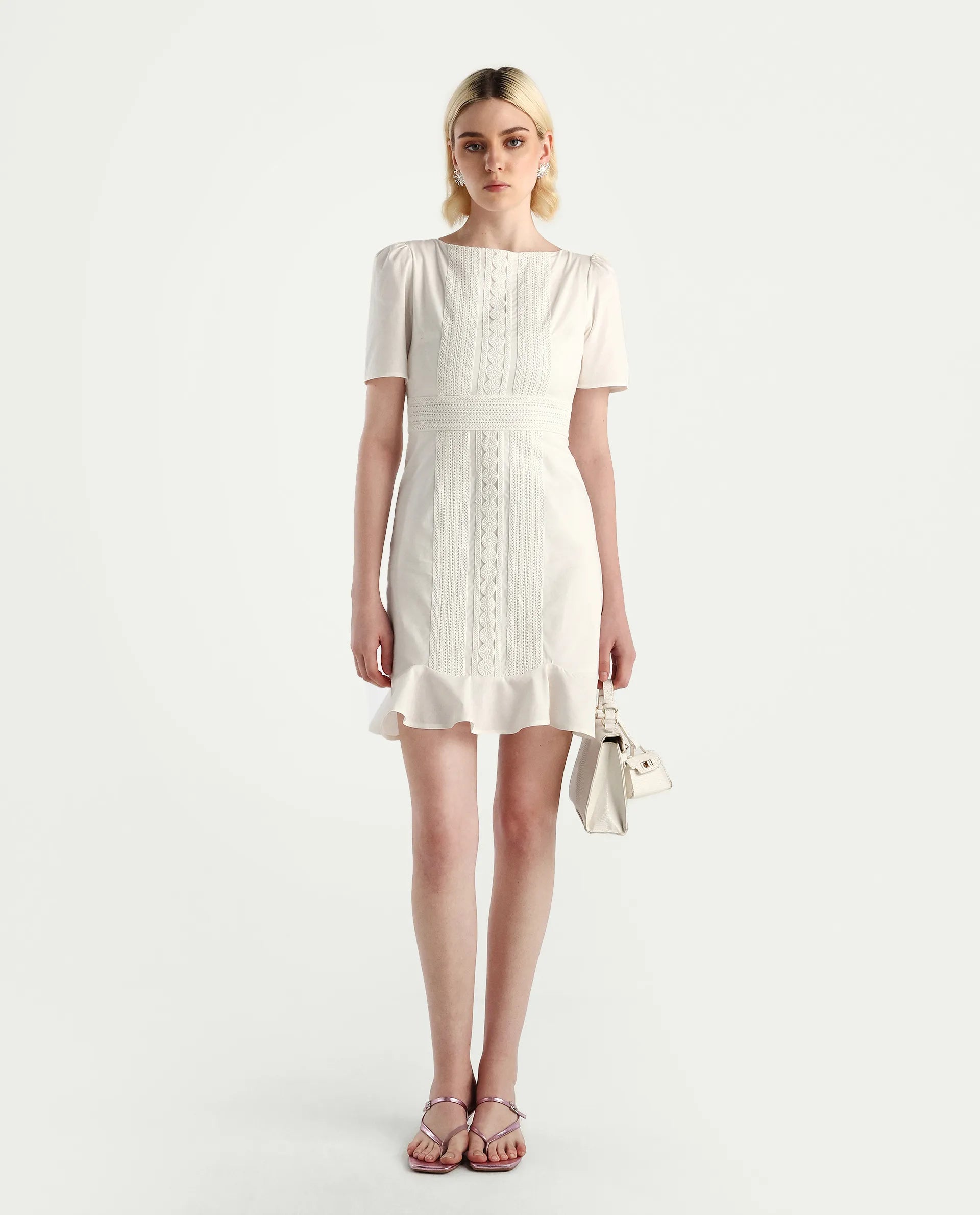 Rareism Women's Jubag Off White Cotton Blend Round Neck Fitted Plain Dress