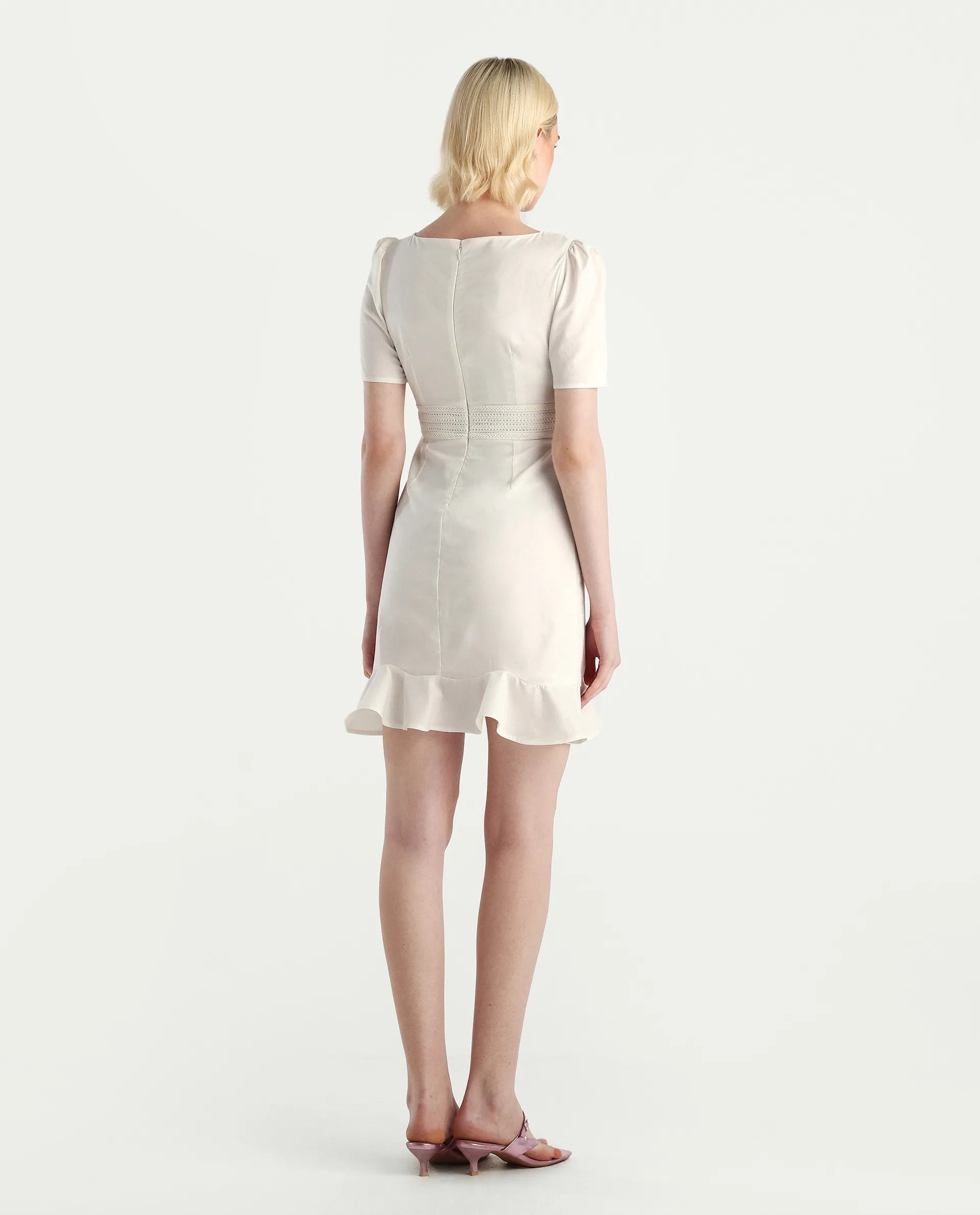 Rareism Women's Jubag Off White Cotton Blend Round Neck Fitted Plain Dress