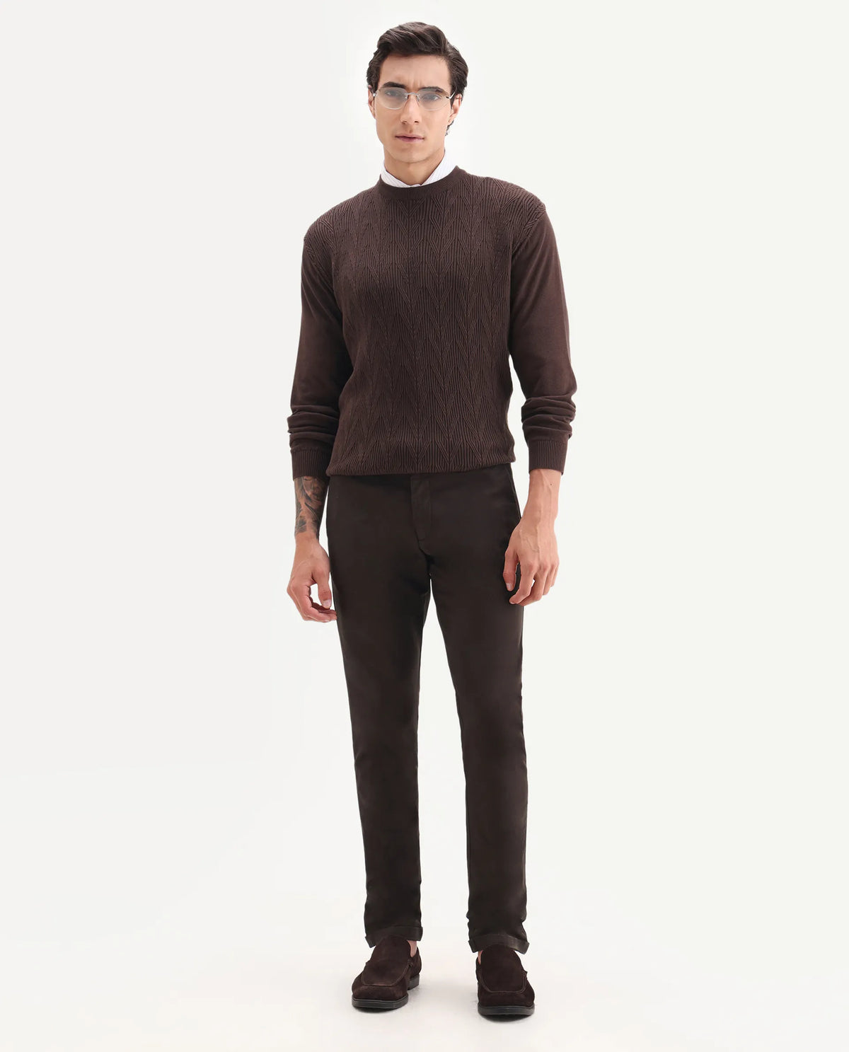 Rare Rabbit Men's Jude Brown Cotton Plain Slim Fit Trouser