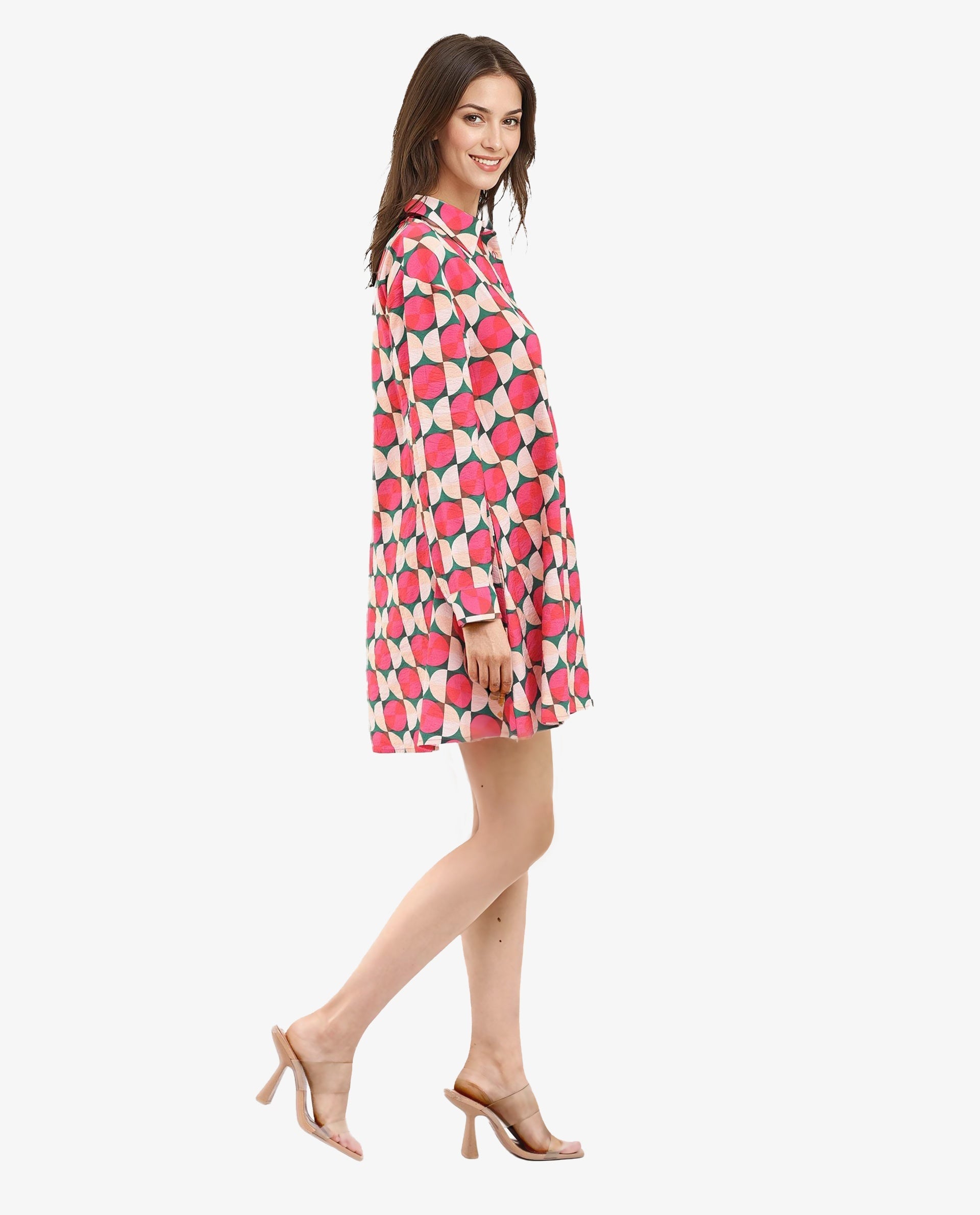 Rareism Women's Judeth Multi Drop Collar Button Closure Cuffed Sleeve Geometric Print A-Line Mini Dress