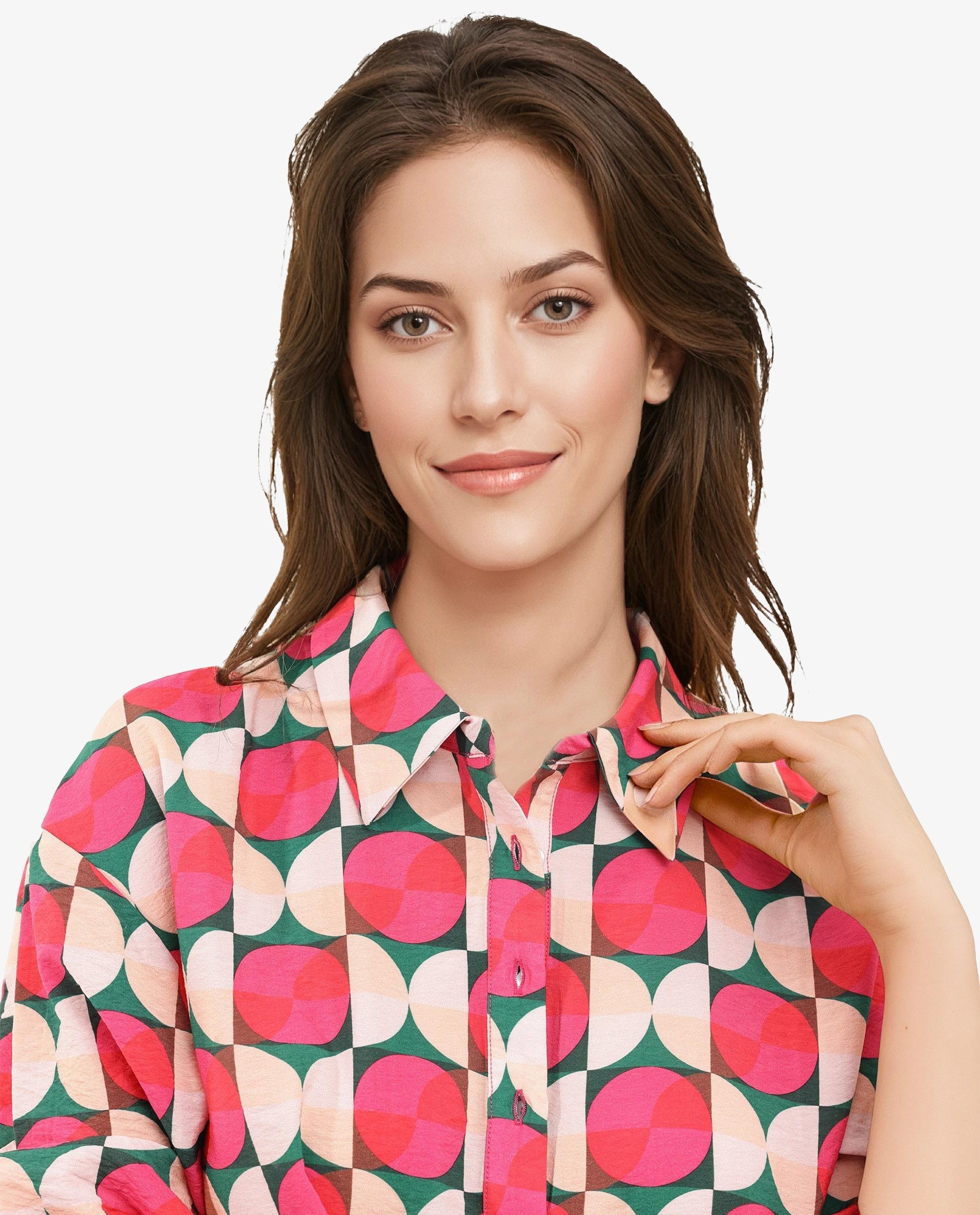 Rareism Women's Judeth Multi Drop Collar Button Closure Cuffed Sleeve Geometric Print A-Line Mini Dress