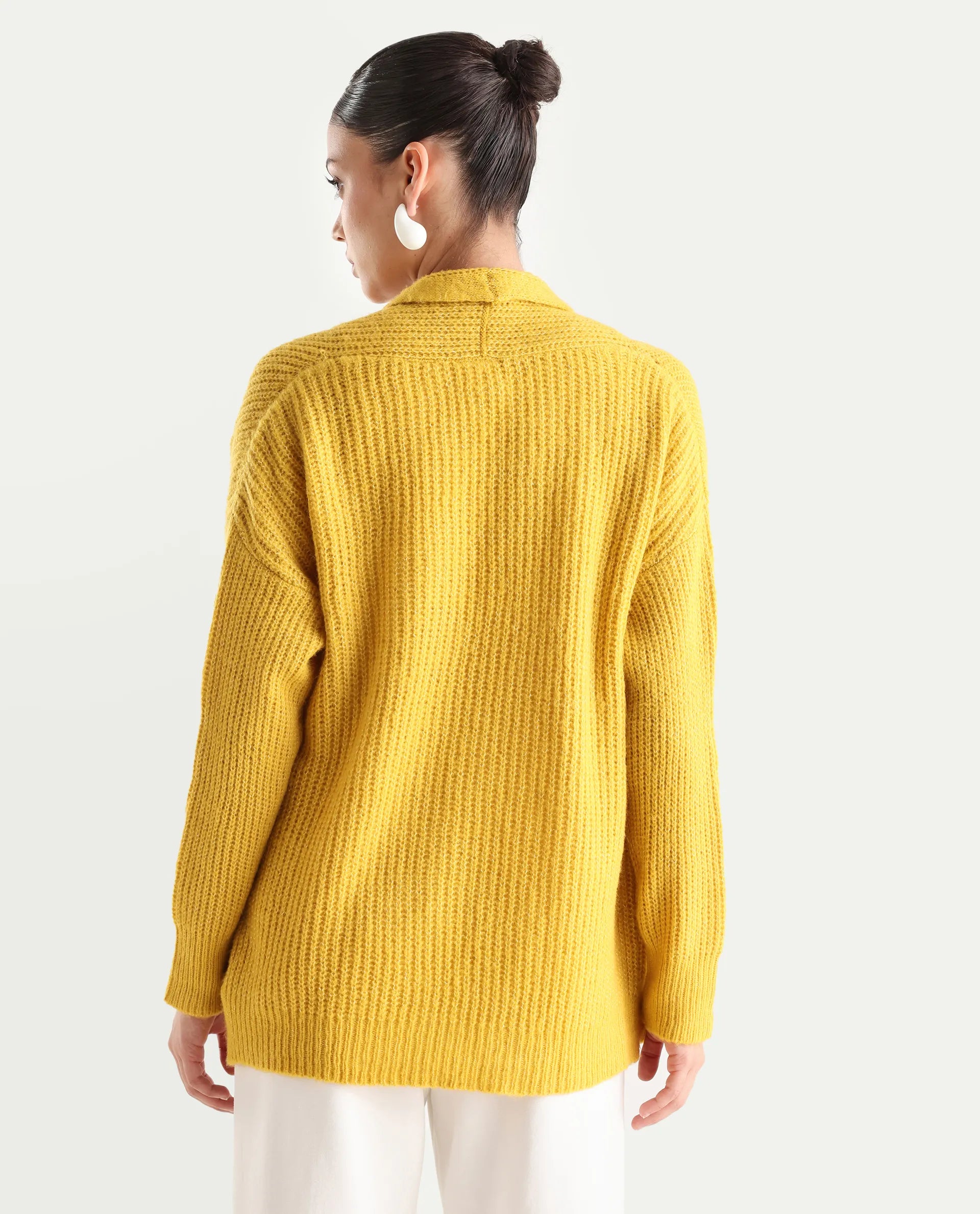 Rareism Women's Jug Yellow Acrylic Collarless Plain Mini Relaxed Fit Shrug