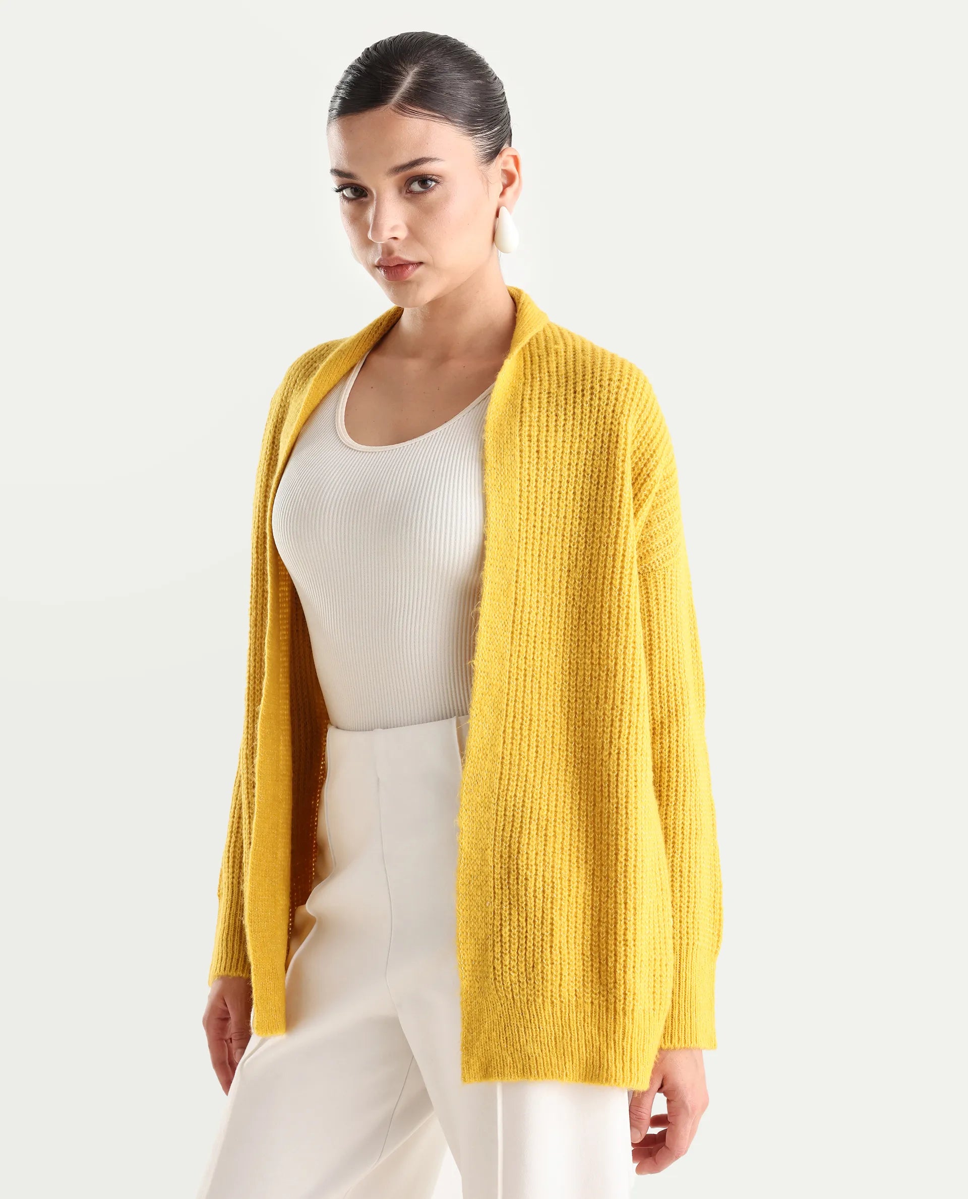 Rareism Women's Jug Yellow Acrylic Collarless Plain Mini Relaxed Fit Shrug