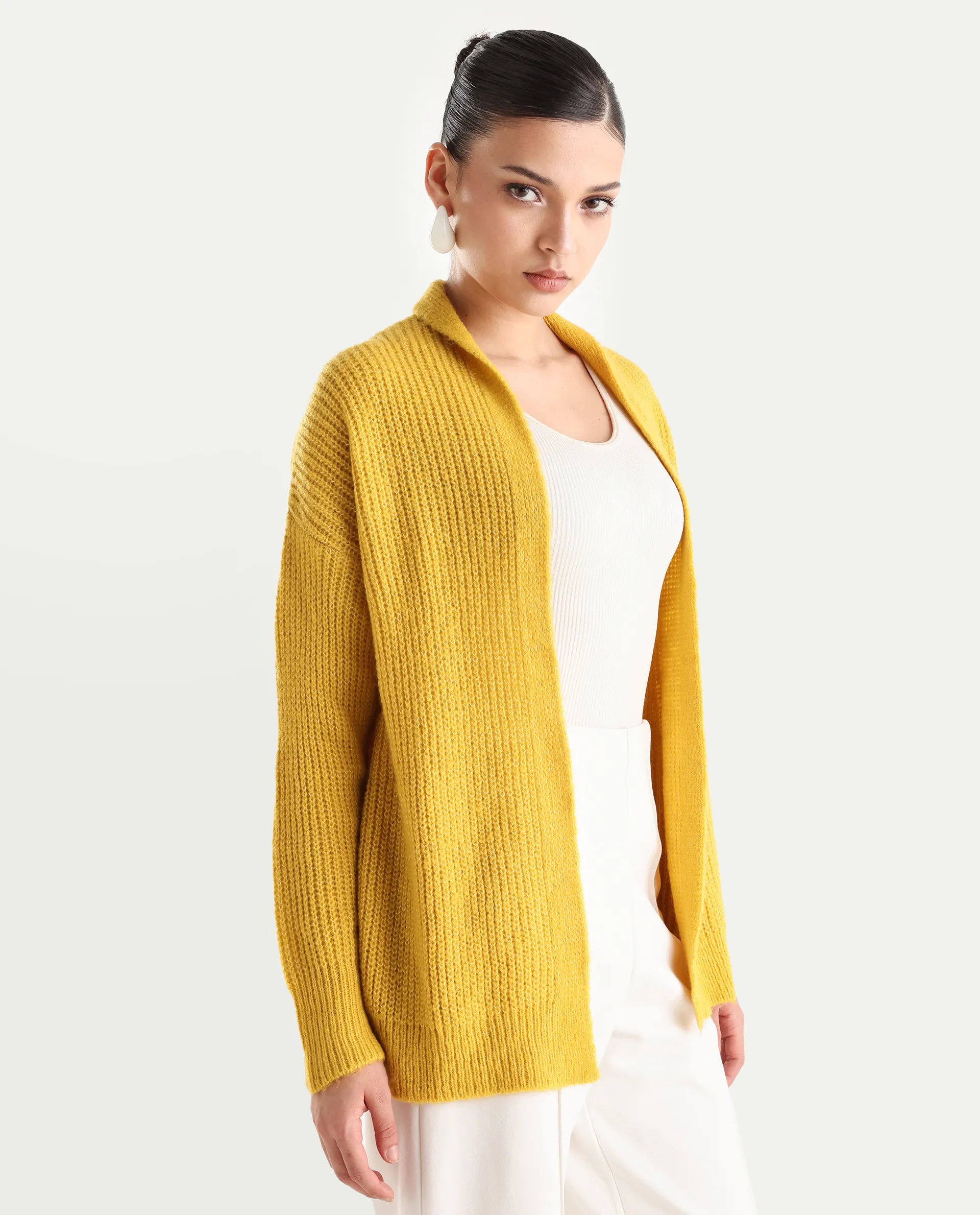 Rareism Women's Jug Yellow Acrylic Collarless Plain Mini Relaxed Fit Shrug