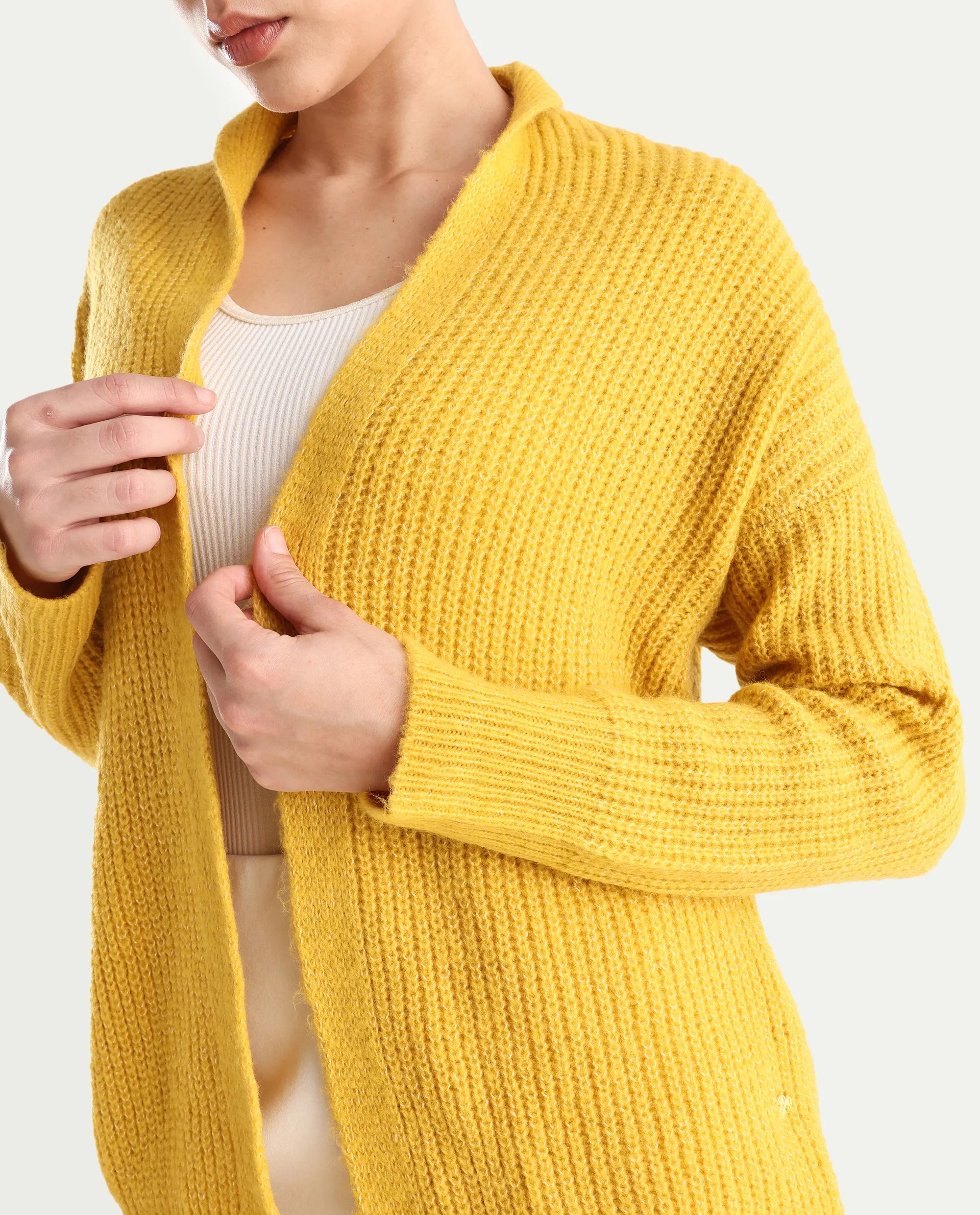 Rareism Women's Jug Yellow Acrylic Collarless Plain Mini Relaxed Fit Shrug