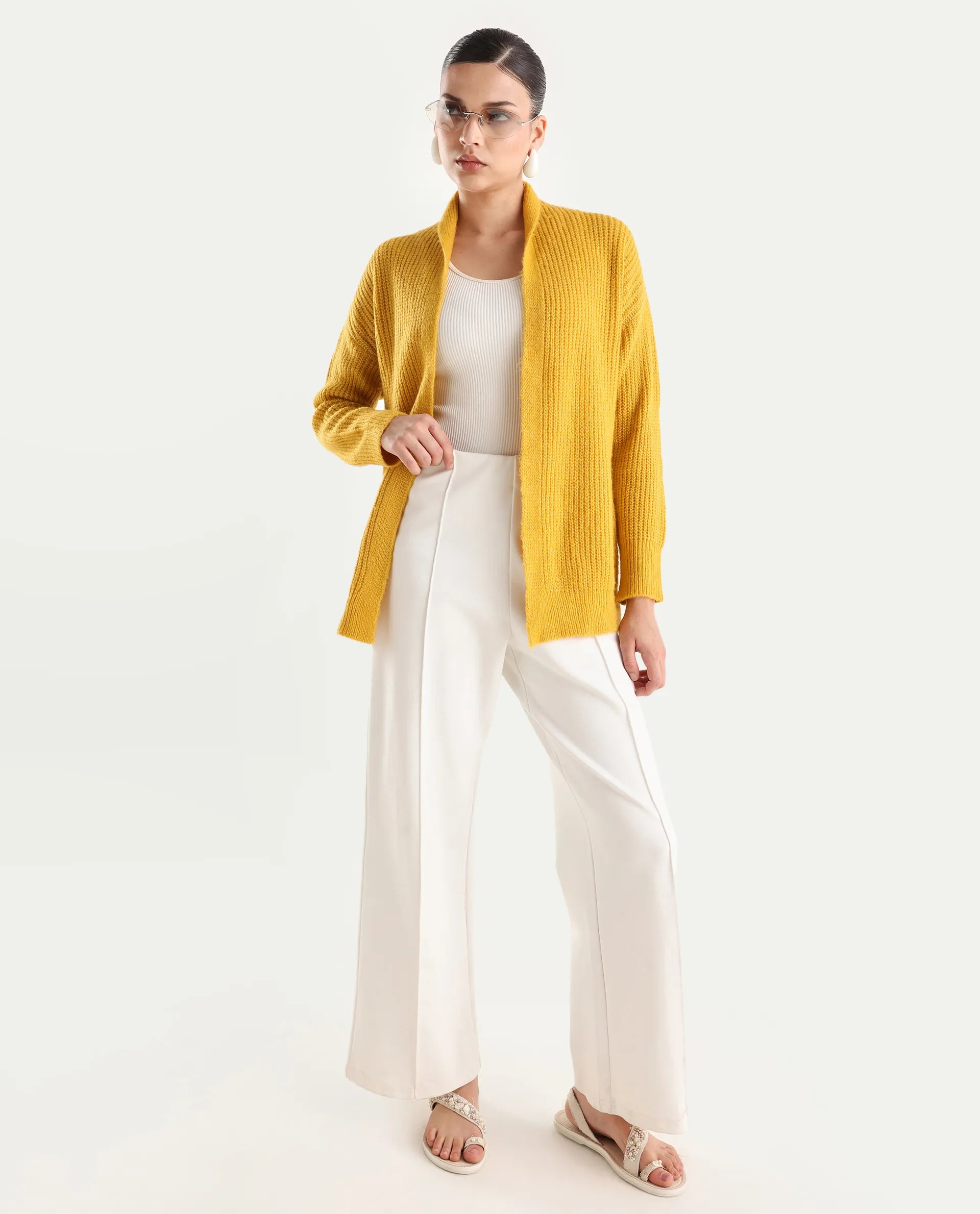 Rareism Women's Jug Yellow Acrylic Collarless Plain Mini Relaxed Fit Shrug