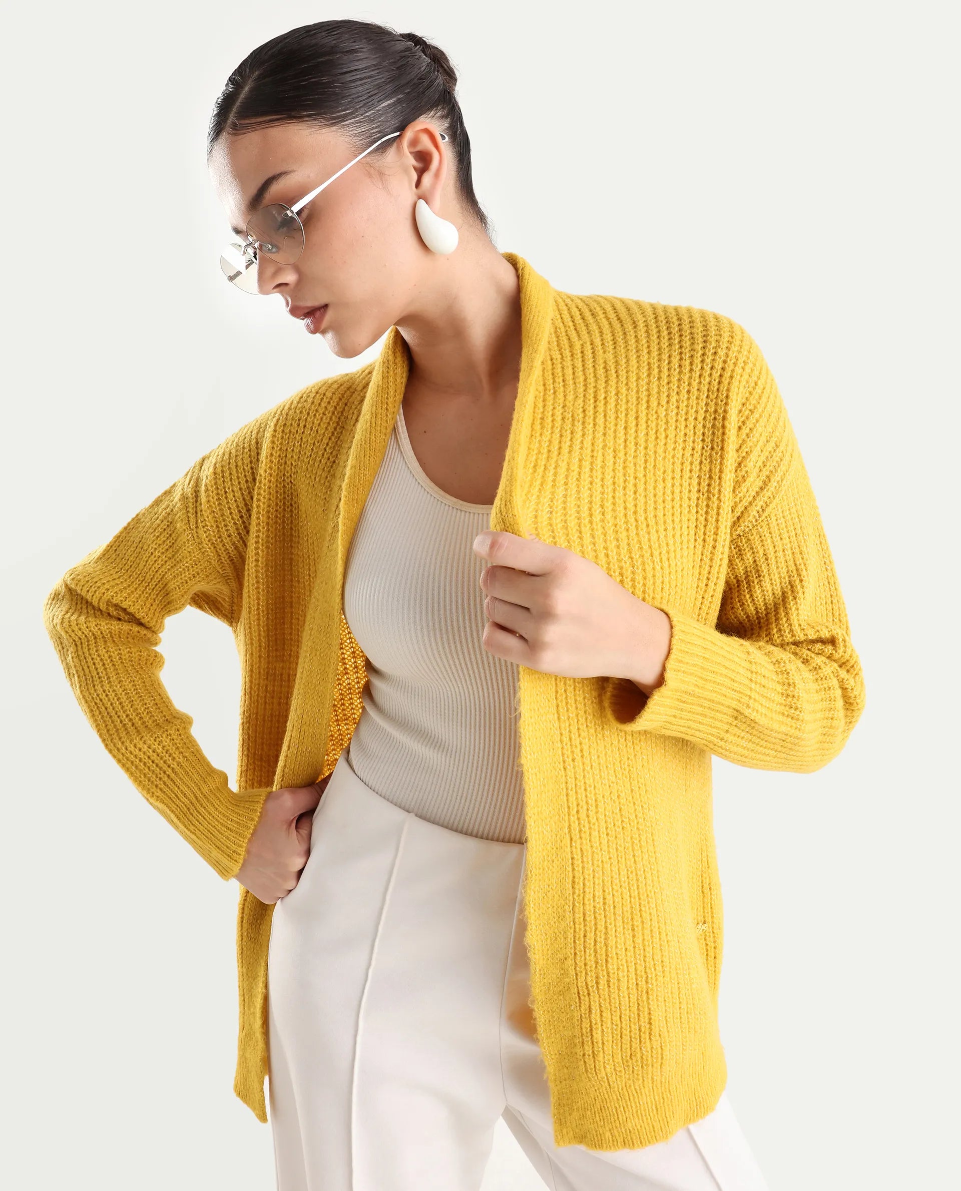 Rareism Women's Jug Yellow Acrylic Collarless Plain Mini Relaxed Fit Shrug