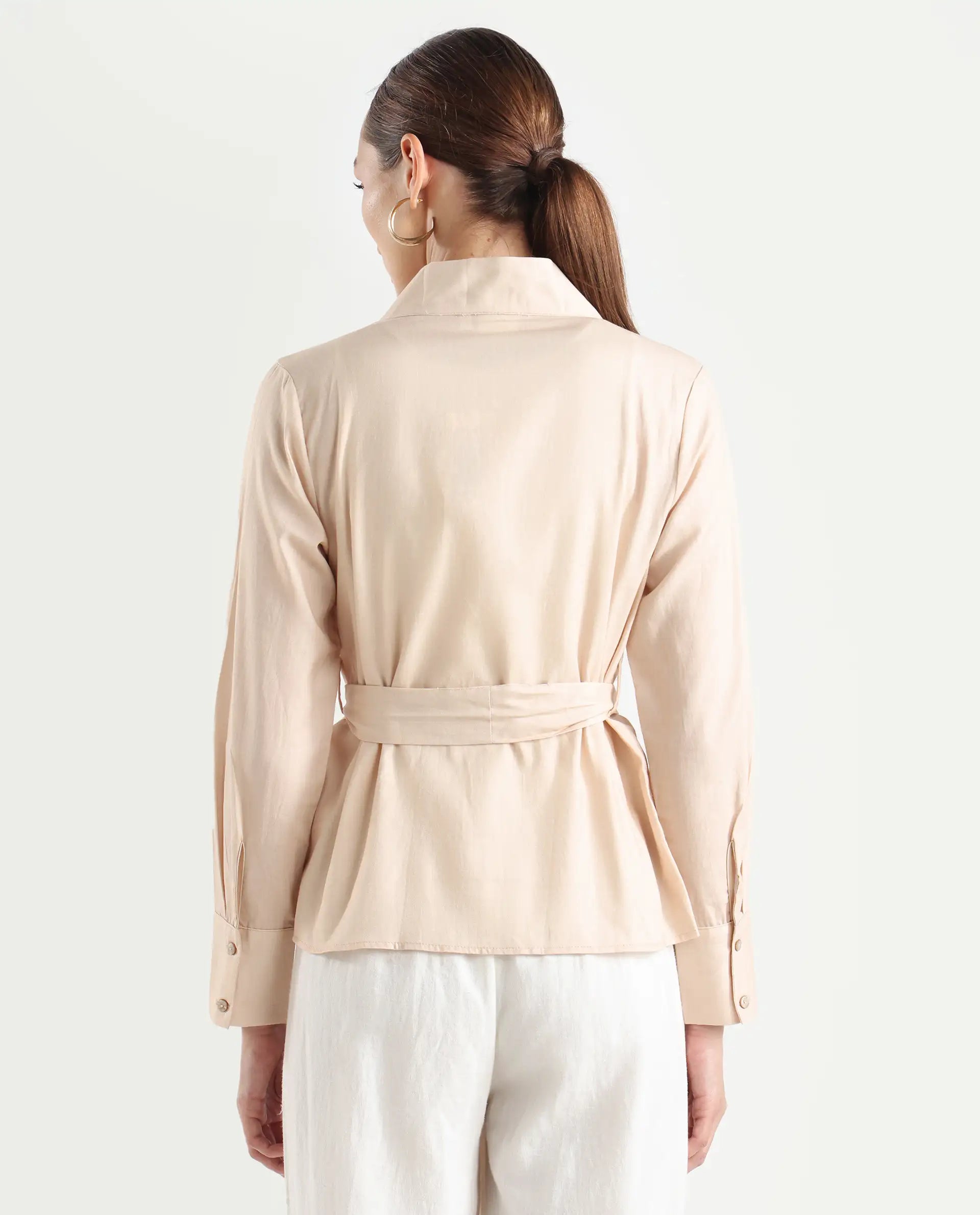 Rareism Women's Juinb Beige Cotton Shawl Collar Typography Print Cuffed Sleeve Regular Fit Top