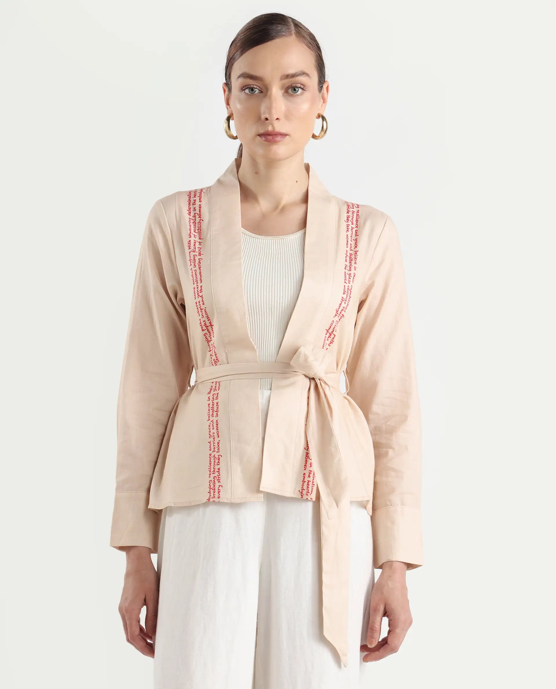 Rareism Women's Juinb Beige Cotton Shawl Collar Typography Print Cuffed Sleeve Regular Fit Top