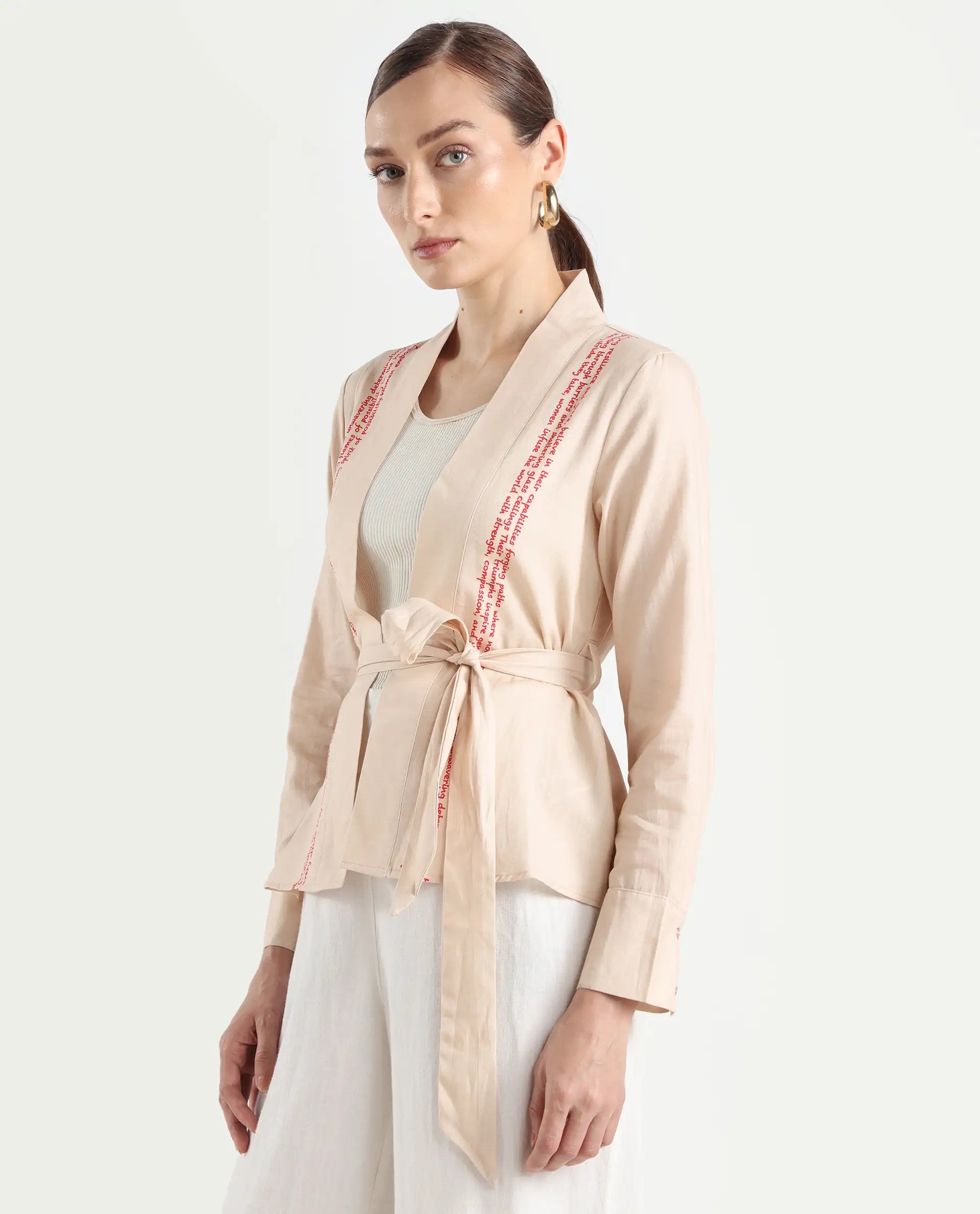 Rareism Women's Juinb Beige Cotton Shawl Collar Typography Print Cuffed Sleeve Regular Fit Top