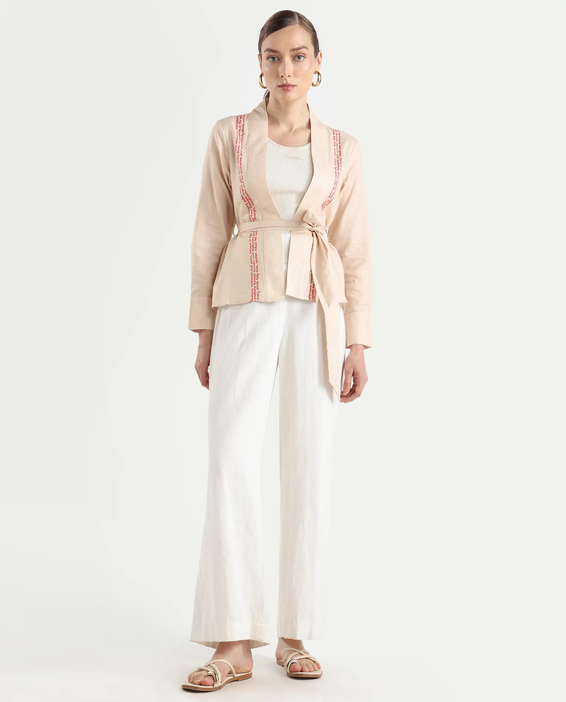 Rareism Women's Juinb Beige Cotton Shawl Collar Typography Print Cuffed Sleeve Regular Fit Top