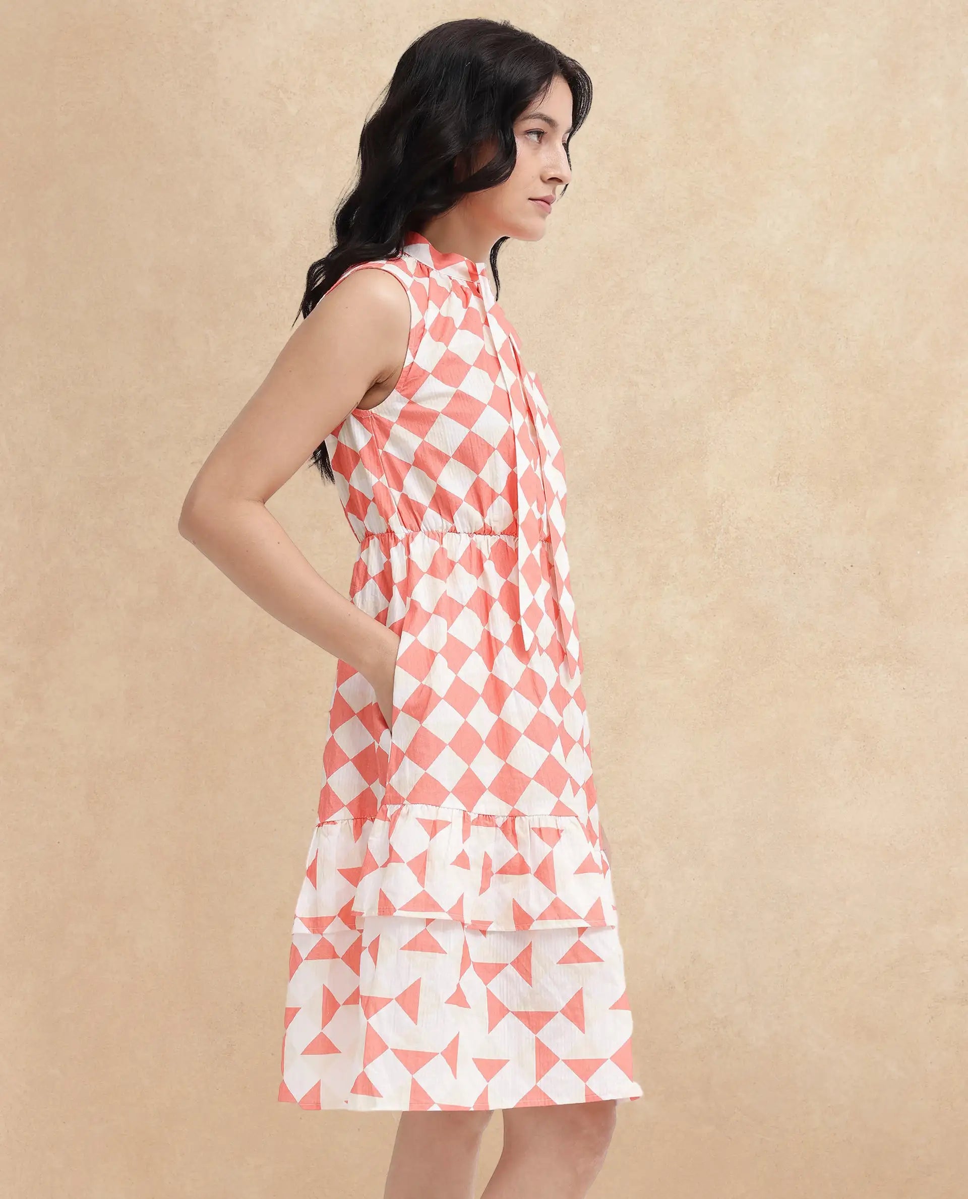 Rareism Women Juite Multi Sleeveless Tie Up Neck Tie Up Fit And Flare Geometric Print Knee Length Dress