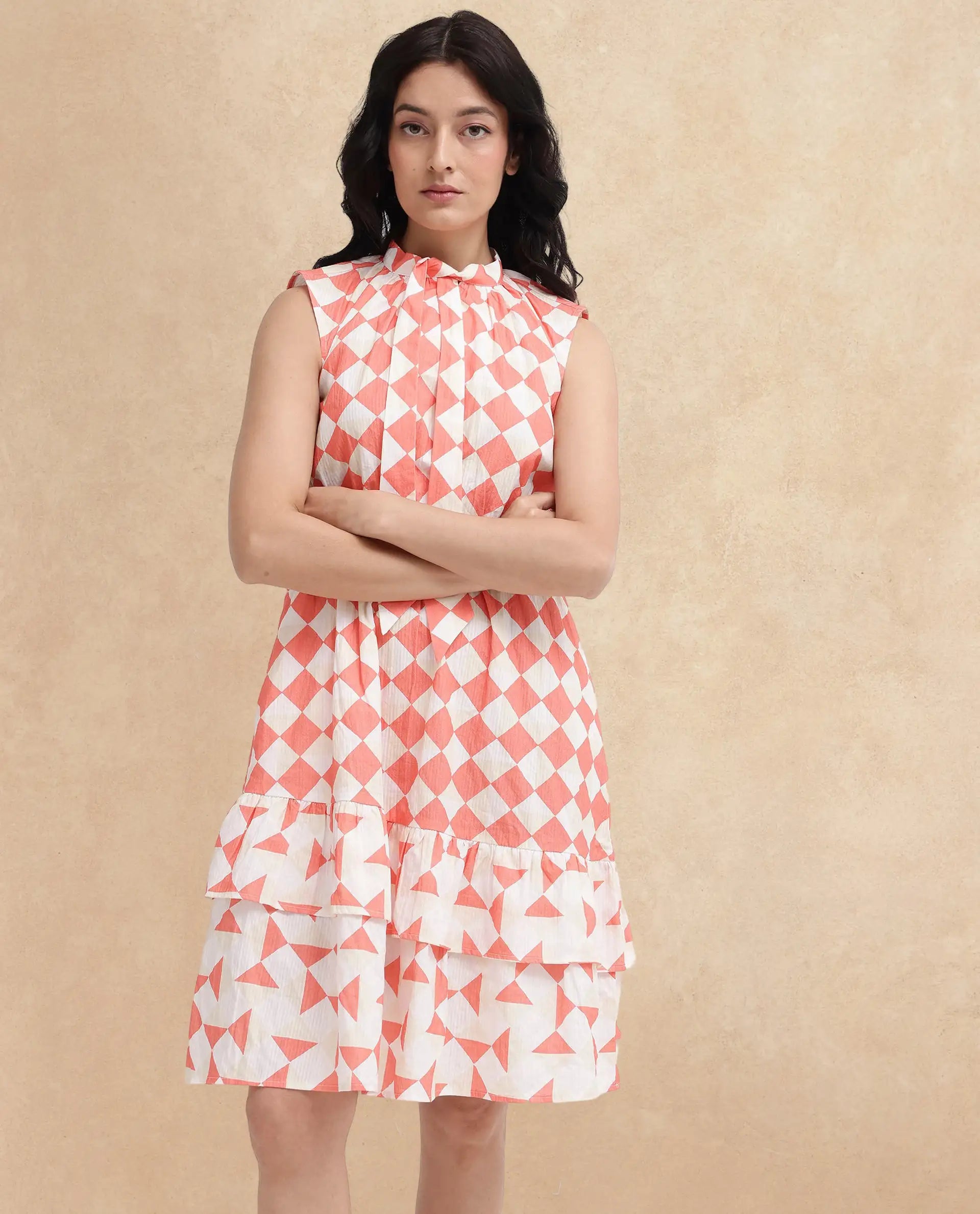 Rareism Women Juite Multi Sleeveless Tie Up Neck Tie Up Fit And Flare Geometric Print Knee Length Dress