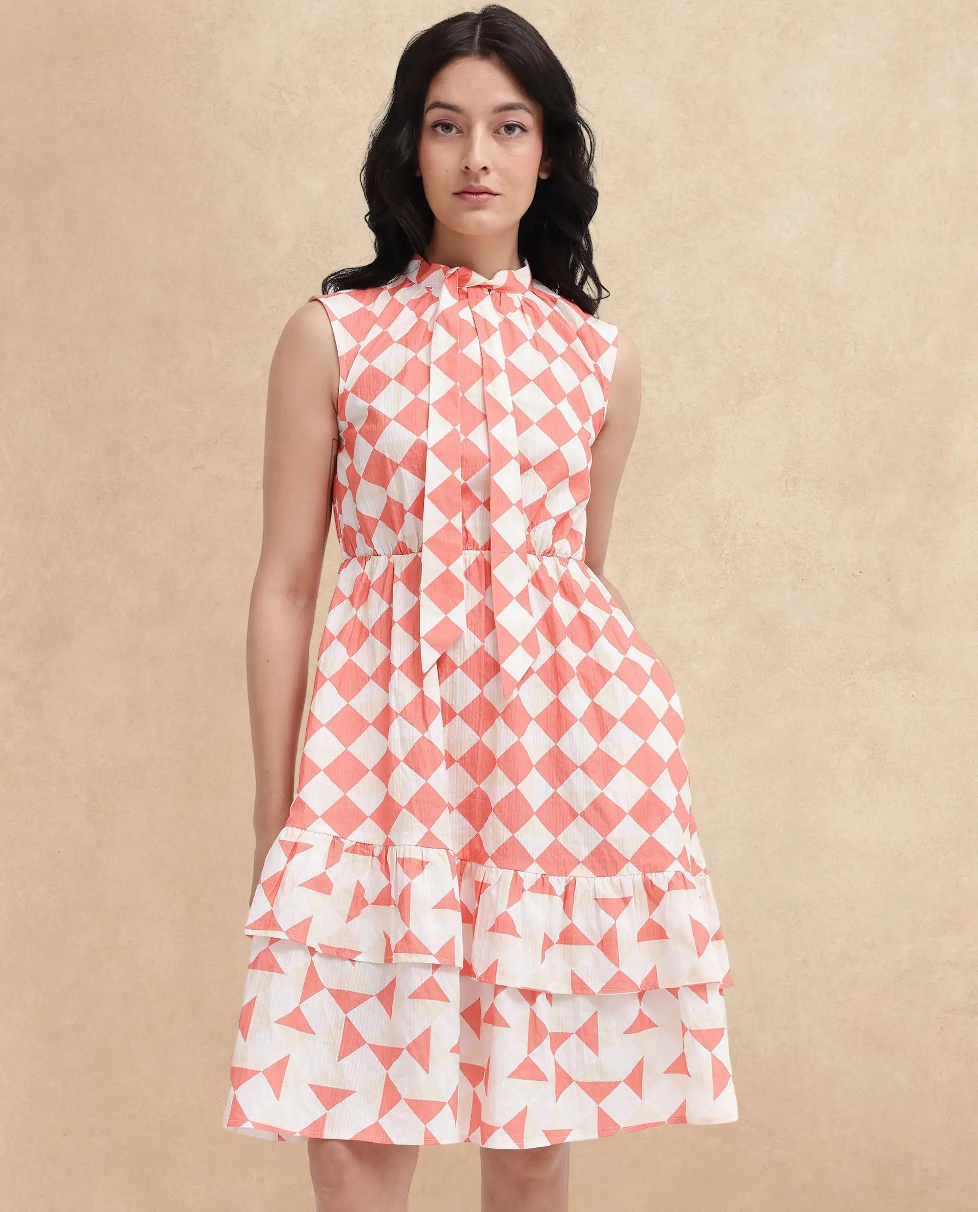 Rareism Women Juite Multi Sleeveless Tie Up Neck Tie Up Fit And Flare Geometric Print Knee Length Dress