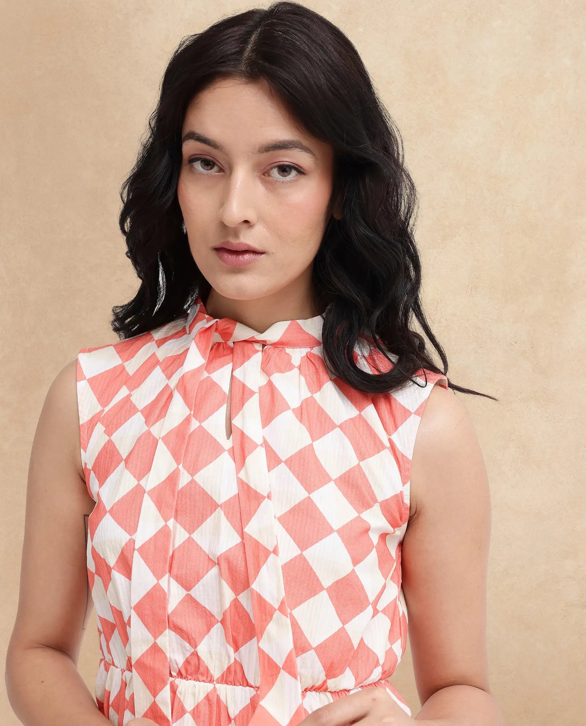 Rareism Women Juite Multi Sleeveless Tie Up Neck Tie Up Fit And Flare Geometric Print Knee Length Dress