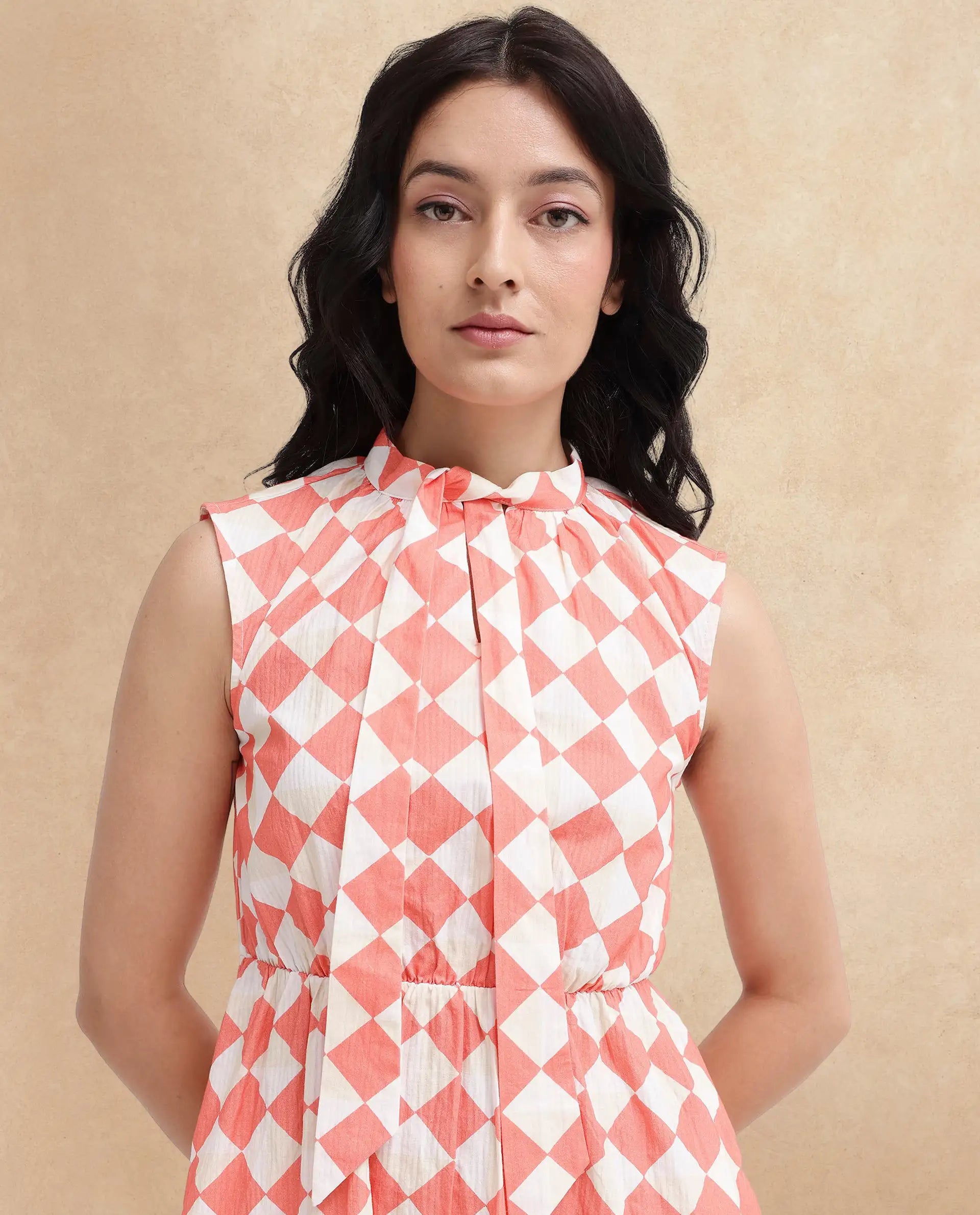 Rareism Women Juite Multi Sleeveless Tie Up Neck Tie Up Fit And Flare Geometric Print Knee Length Dress