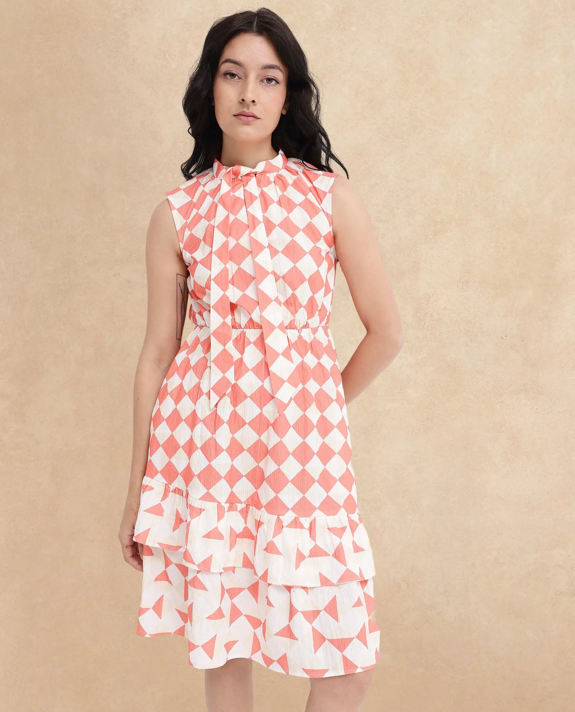 Rareism Women Juite Multi Sleeveless Tie Up Neck Tie Up Fit And Flare Geometric Print Knee Length Dress